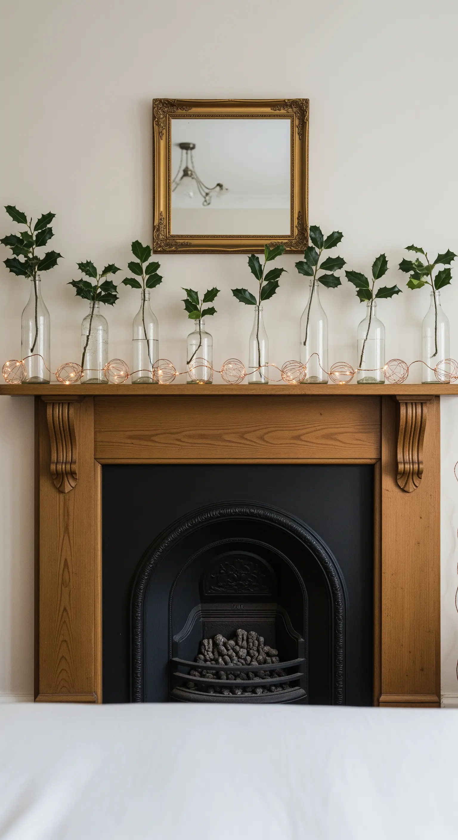 Holzkamin mit Glasflaschen-Reihe und einzelnen Zweigen