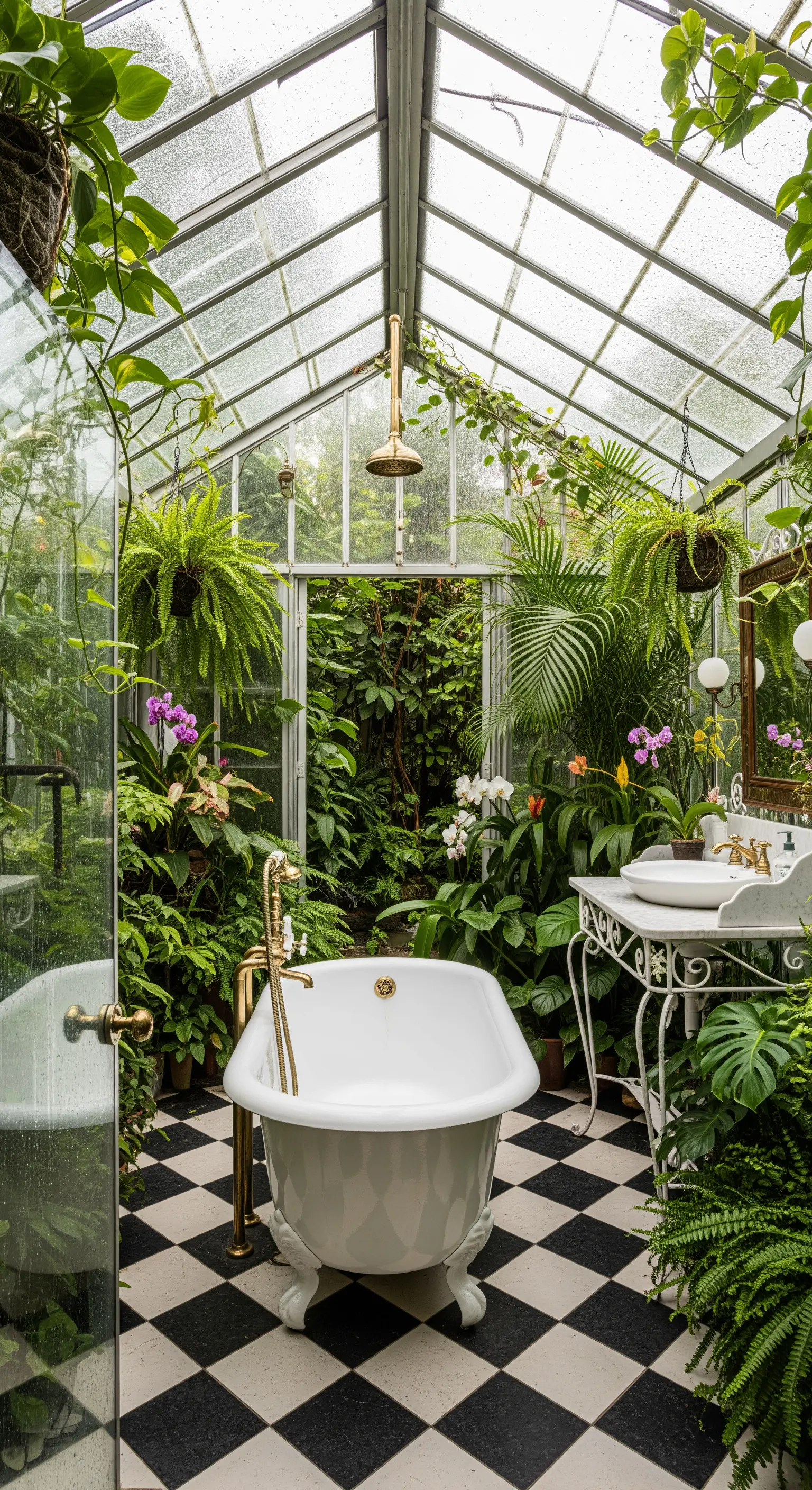Gewächshaus-Badezimmer voller Pflanzen mit Schachbrettboden