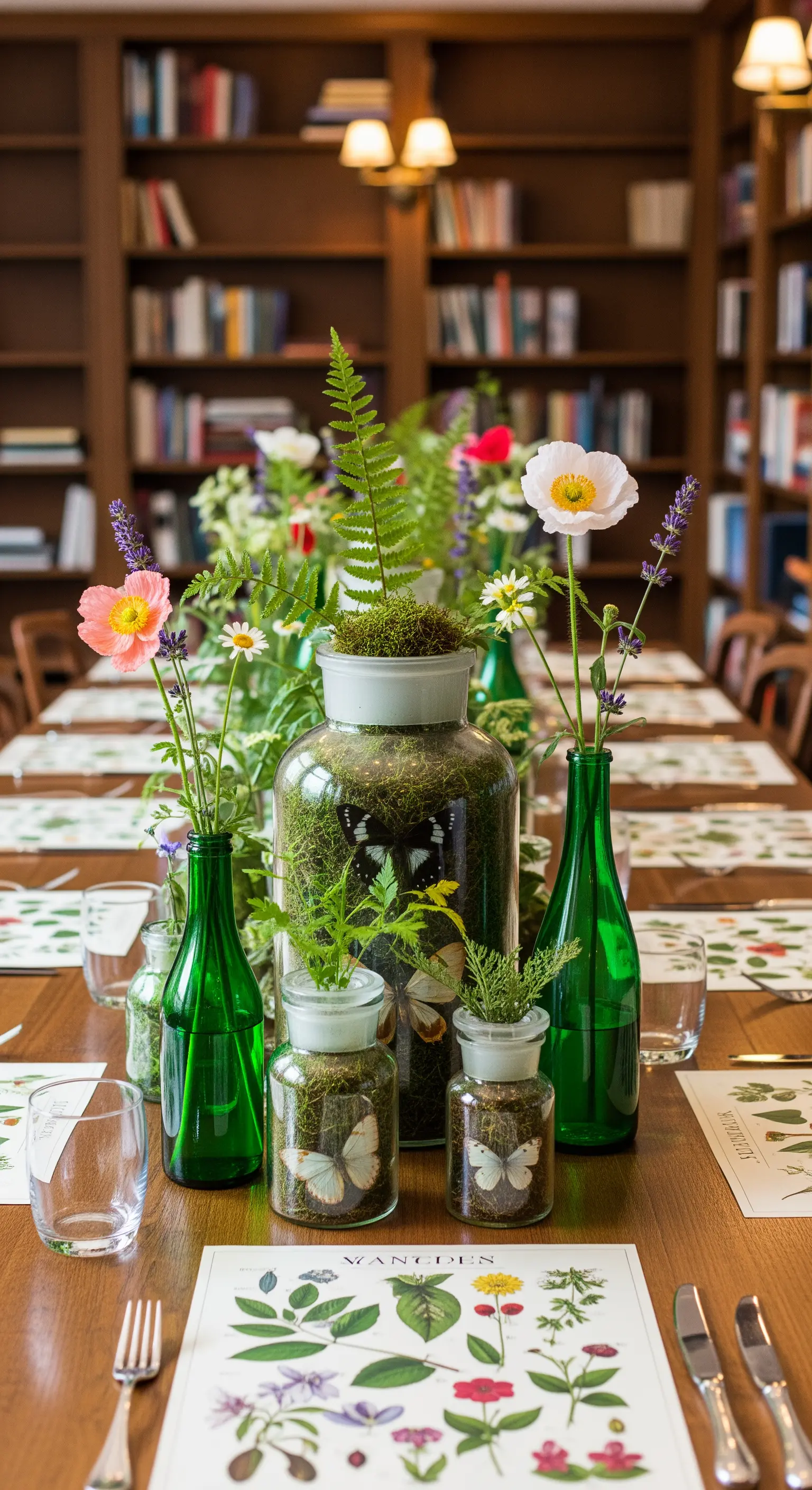 Tisch mit botanischen Drucken als Sets, Apothekergläsern mit Moos und grünen Flaschen