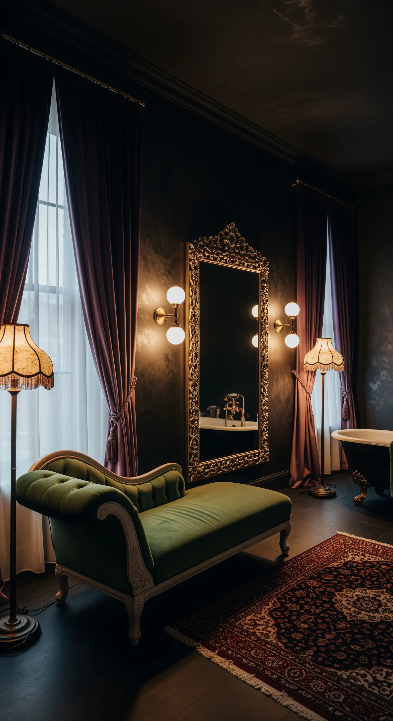 Dunkles Bad mit lila Vorhängen, Goldspiegel und grüner Chaiselongue