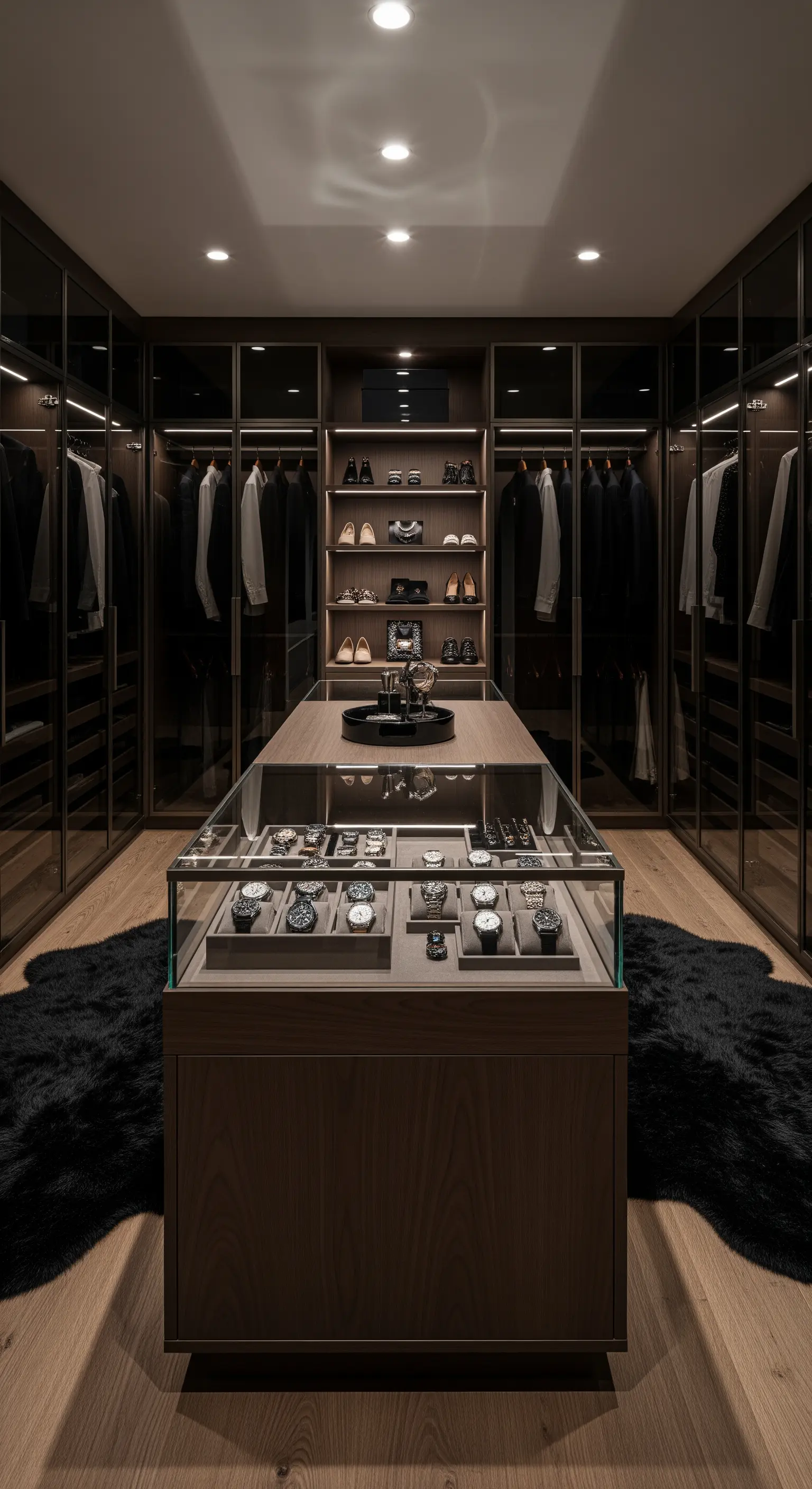 Beleuchtete Glasinsel im begehbaren Kleiderschrank zur Präsentation von Uhren und Accessoires