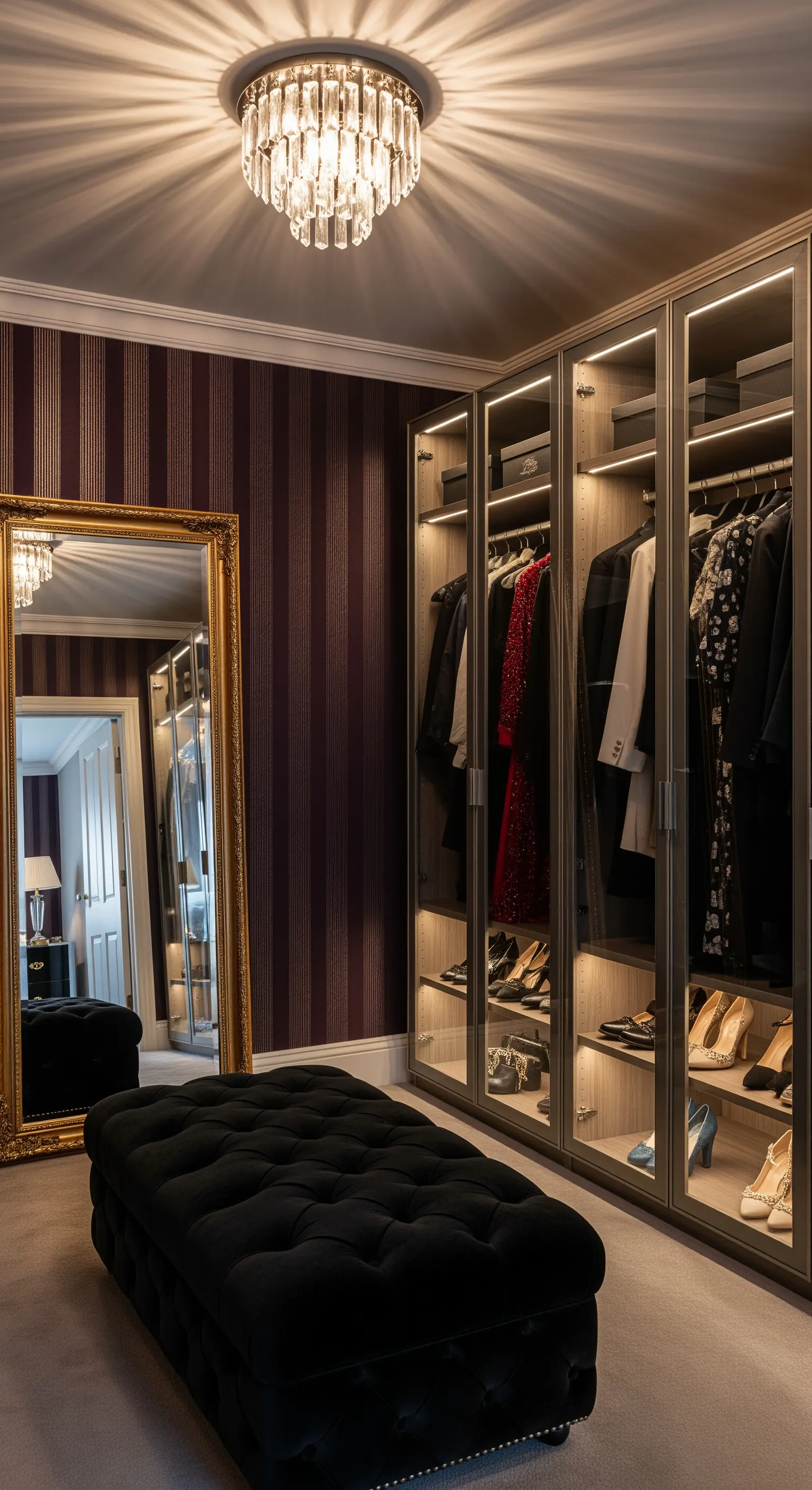 Begehbarer Kleiderschrank mit Streifentapete und beleuchteten Vitrinen