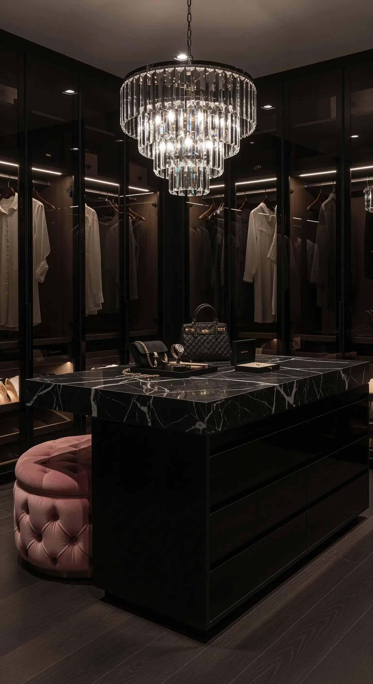 Schwarzer begehbarer Kleiderschrank mit Glasvitrinen und rosa Hocker