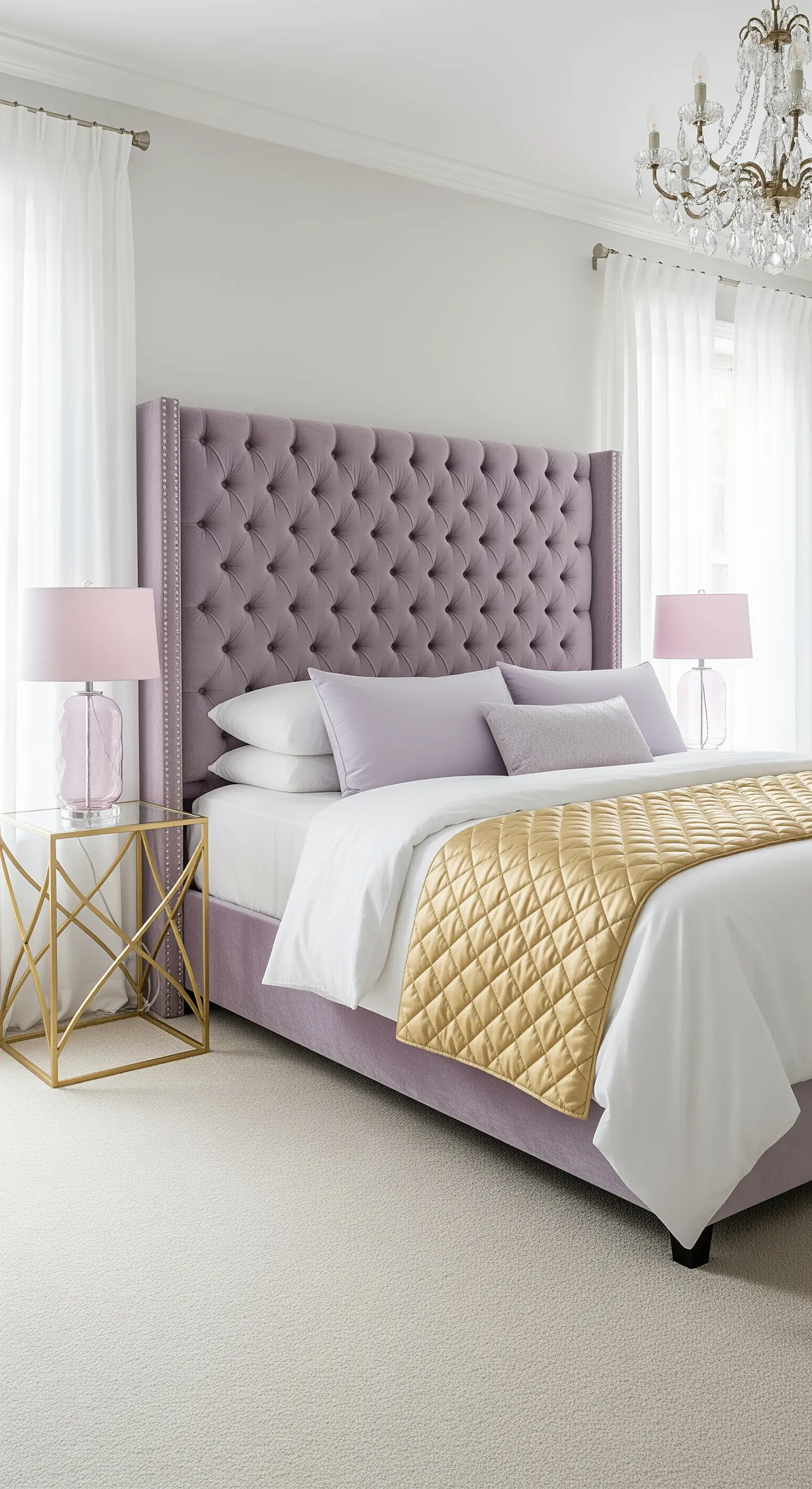 Fliederfarbenes Bett mit goldener Tagesdecke