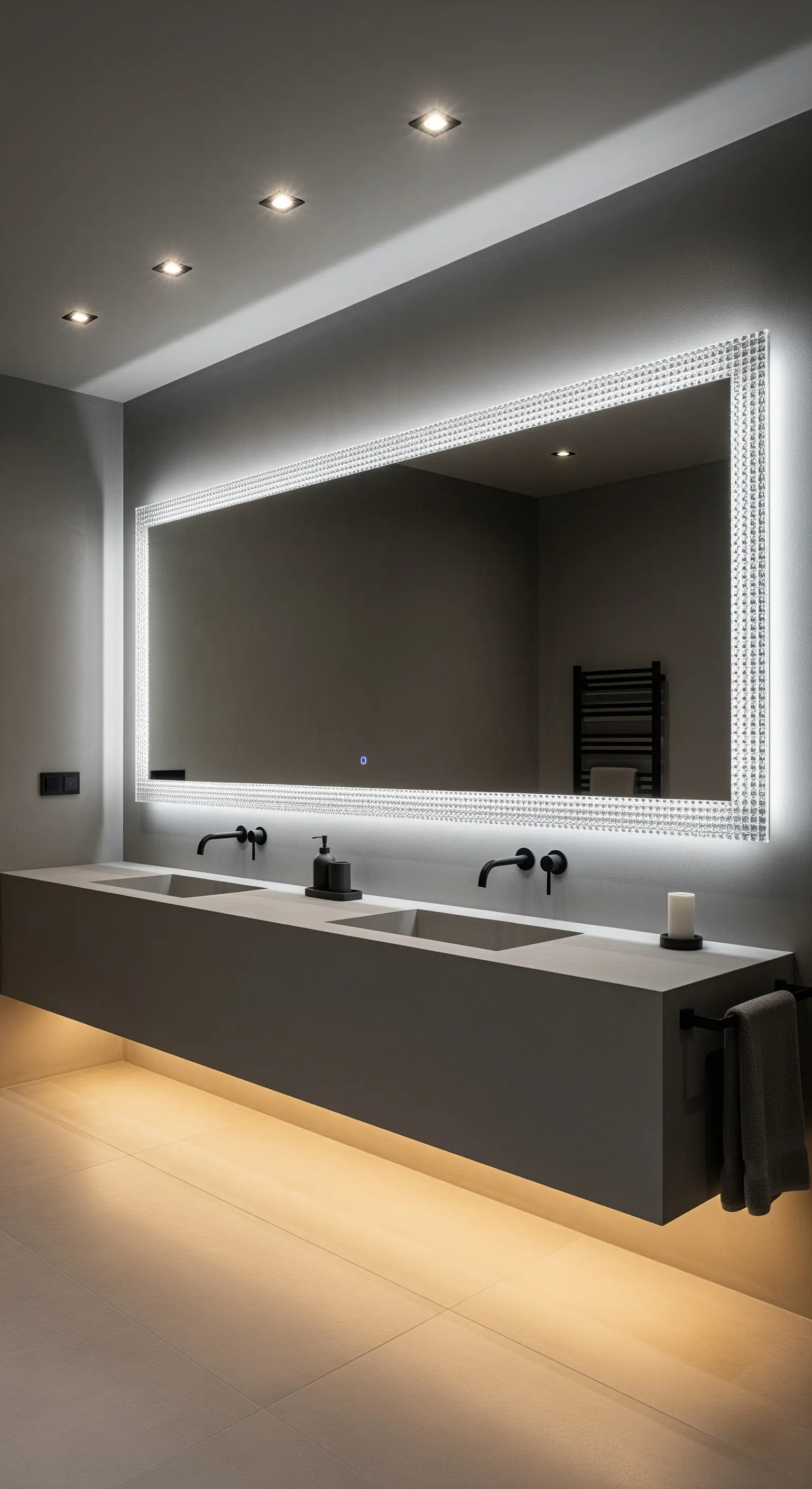 Graues modernes Bad mit sehr breitem LED-Kristallspiegel