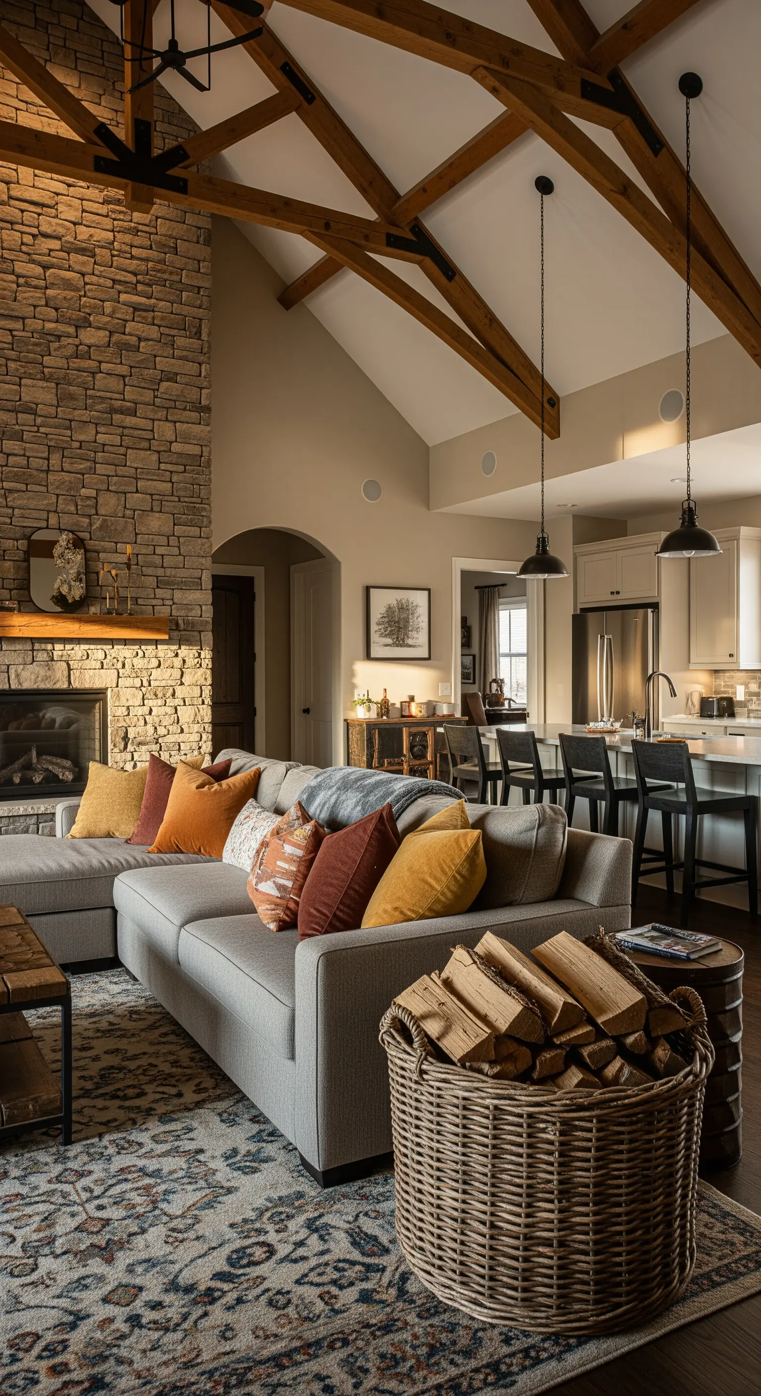 Wohnzimmer mit hohem Steinkamin und großem Korb voller Brennholz