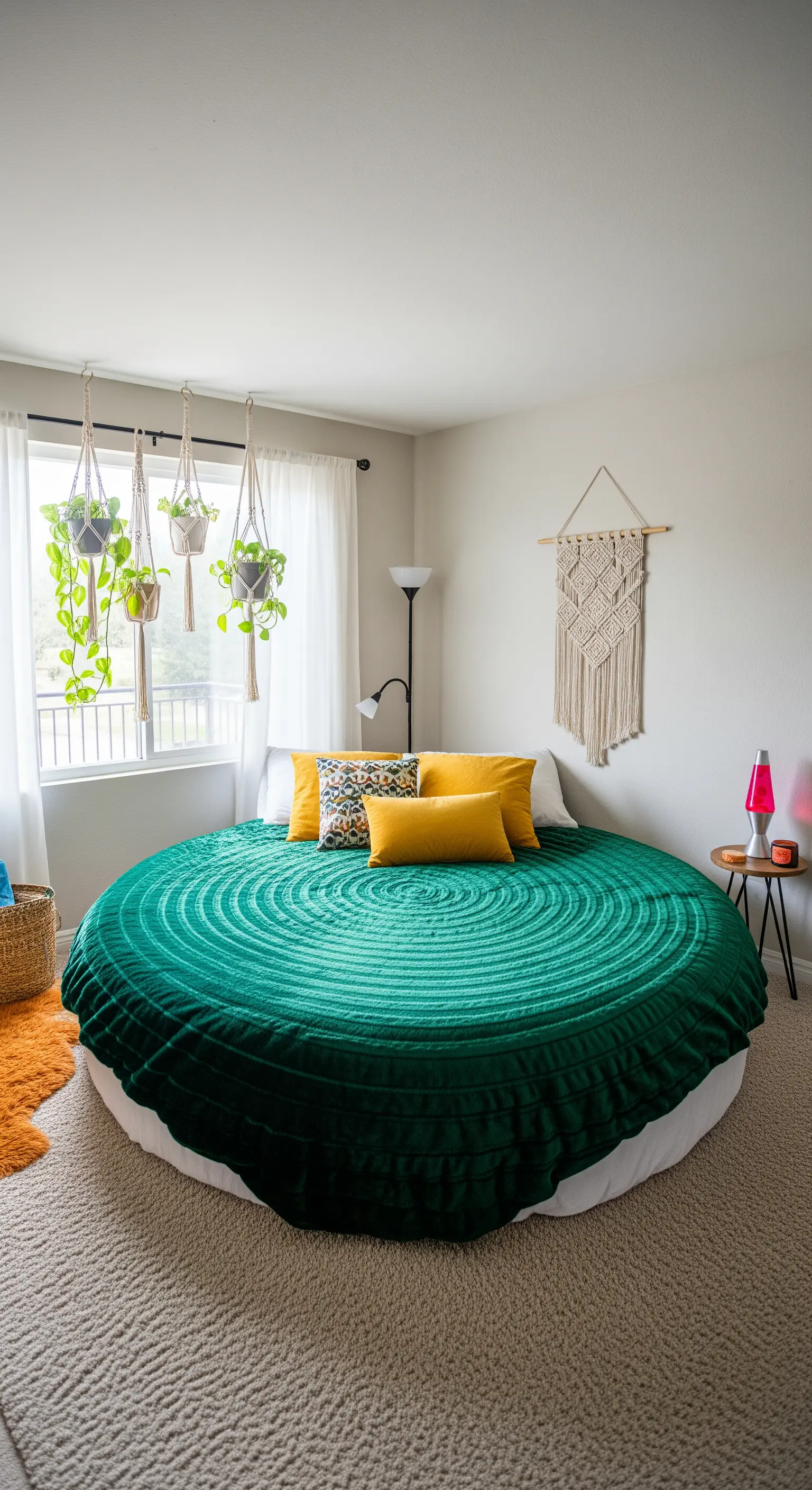 Rundes Bett mit smaragdgrüner strukturierter Decke