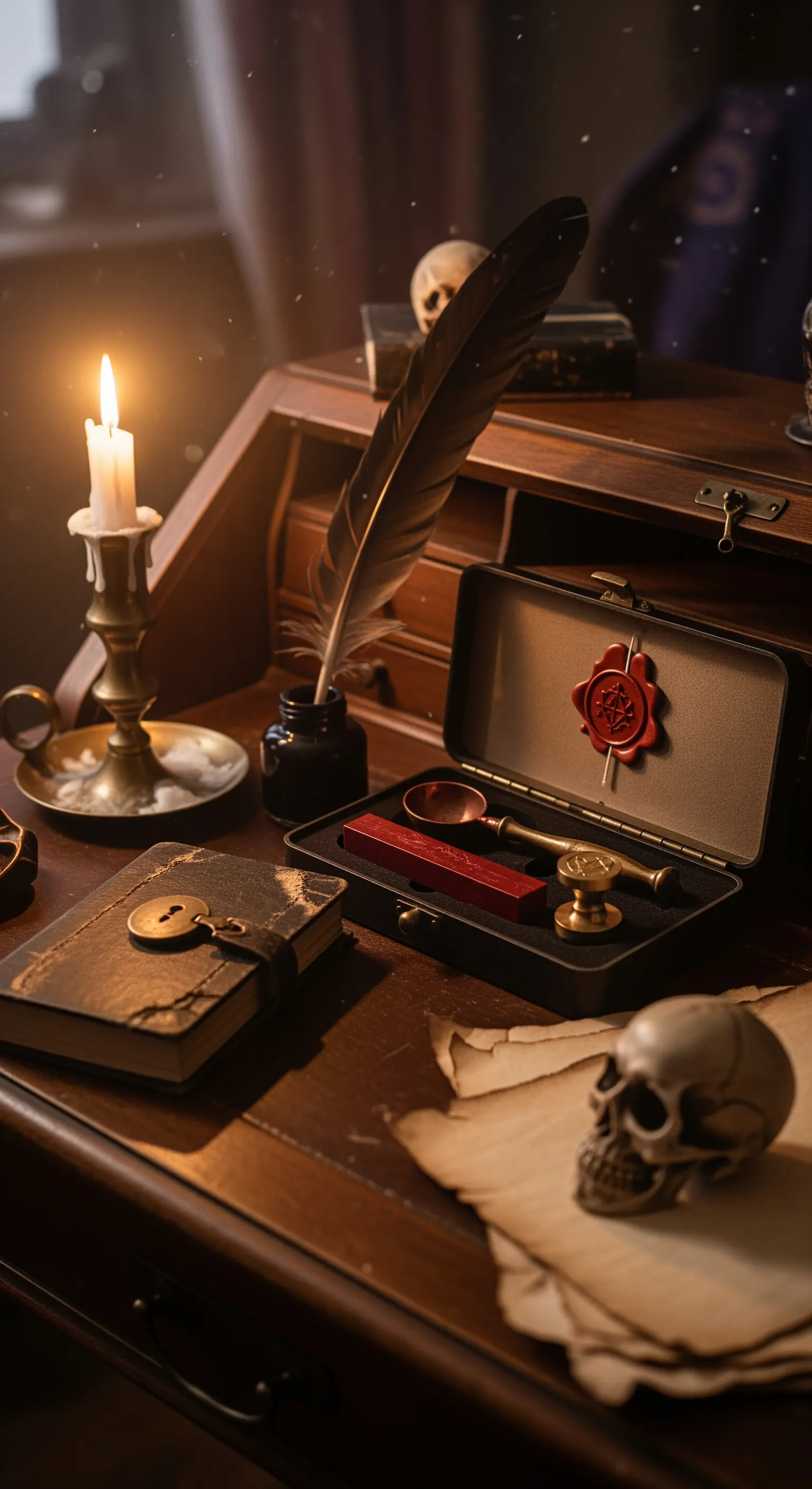 Sekretär mit Wachssiegel-Set und Totenkopf