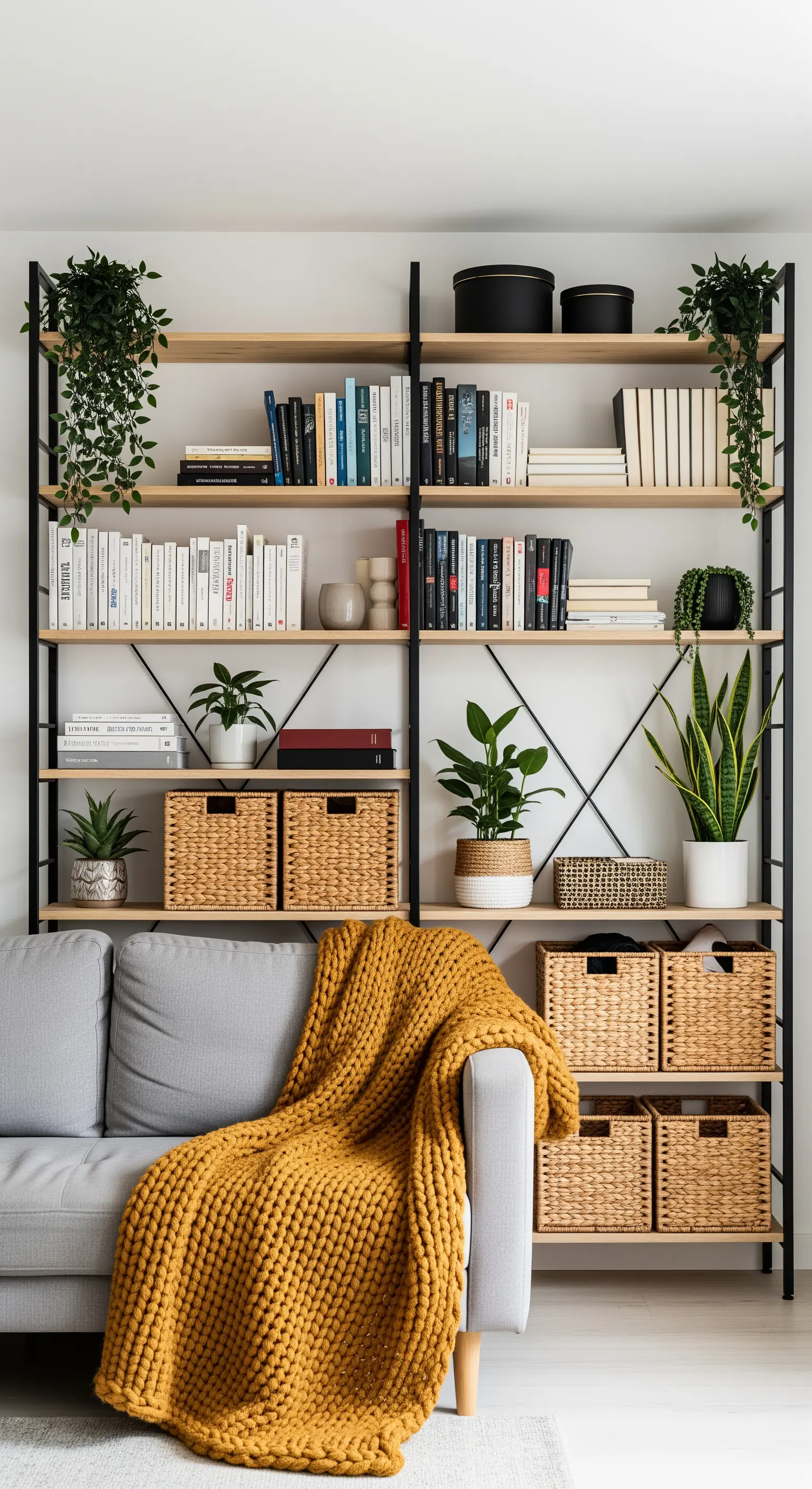 Metallregal mit Büchern, Pflanzen und Aufbewahrungskörben