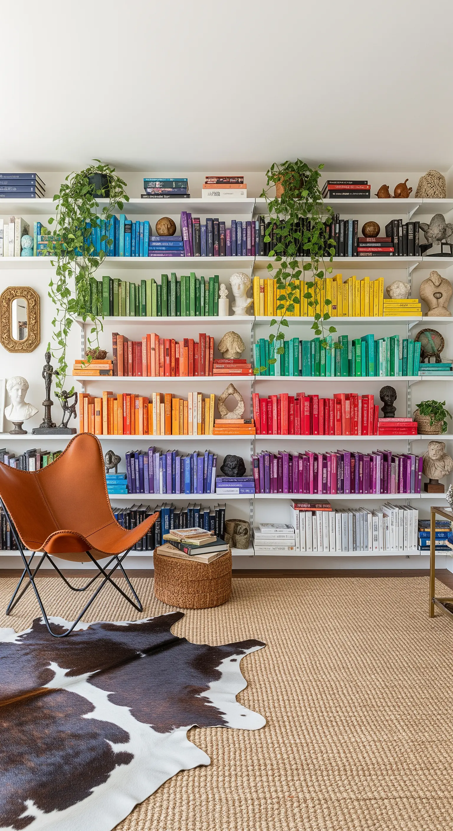 Weißes Regal mit farblich sortierten Büchern und Pflanzen