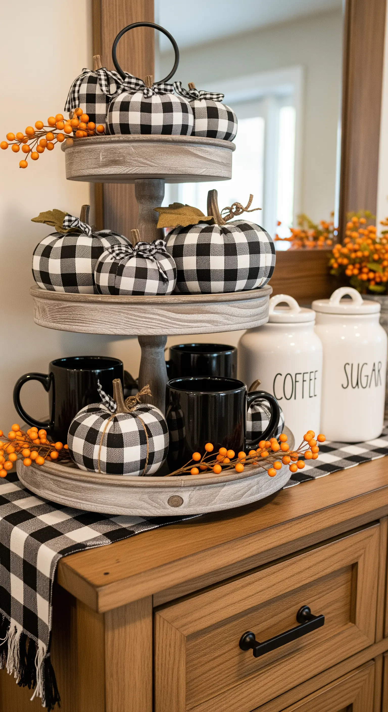 Etagere mit karierten Stoffkürbissen, schwarzen Tassen und Coffee-Bar-Dosen