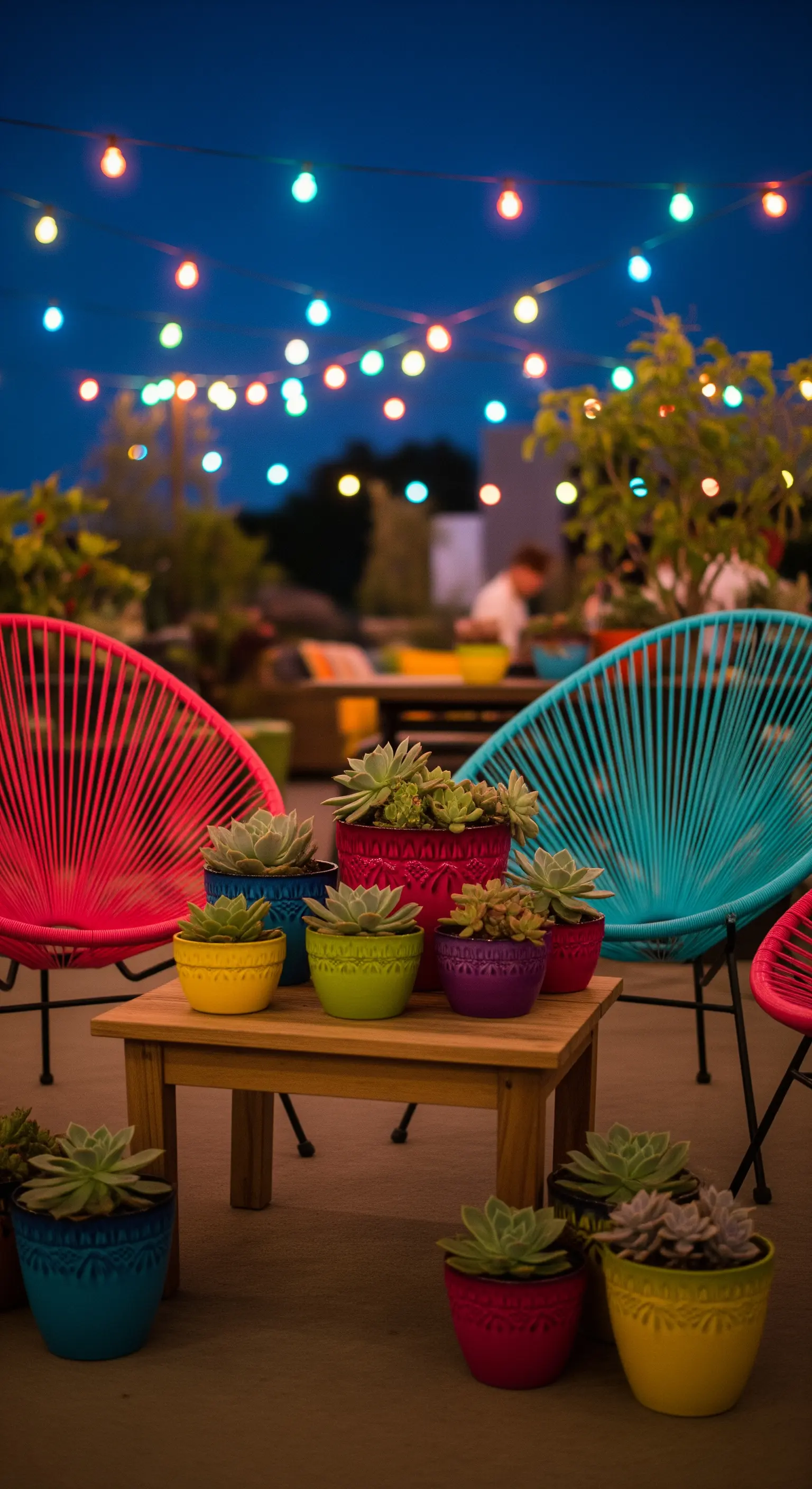 Bunte Acapulco-Stühle und farbige Lichterkette