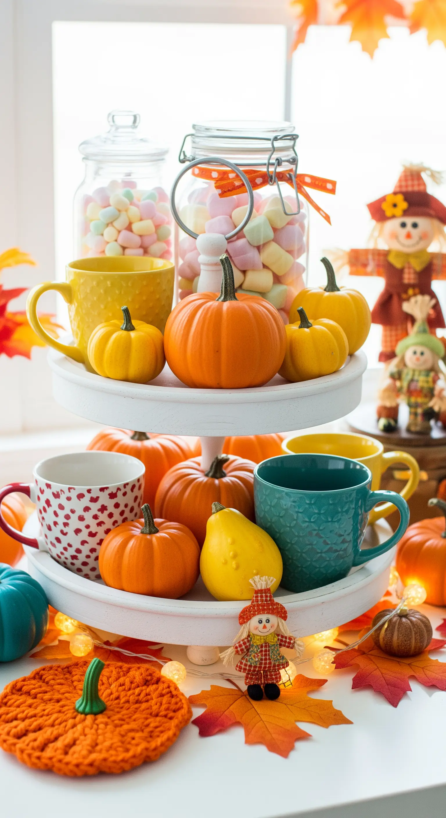 Weiße Etagere mit bunten Tassen, Marshmallow-Glas und Vogelscheuchen-Figur