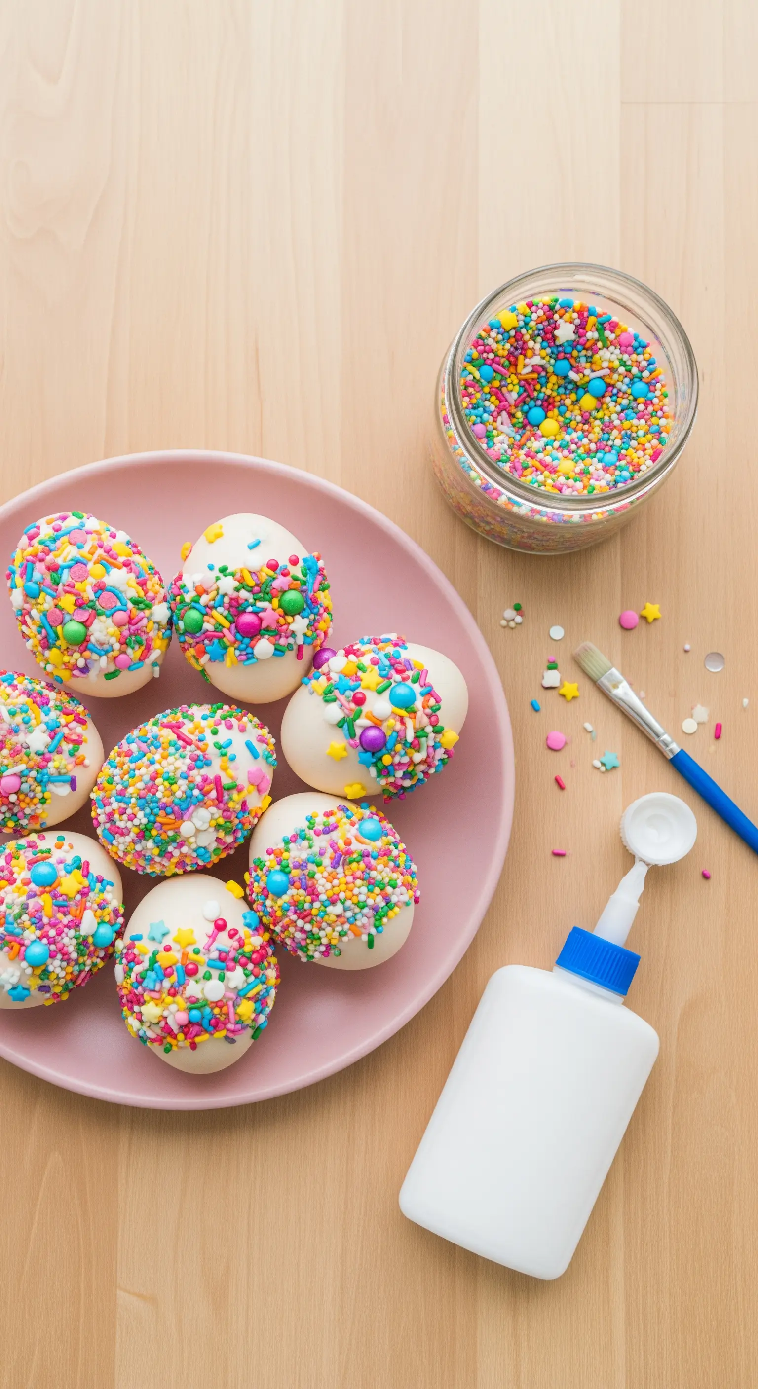 Mit bunten Zuckerstreuseln beklebte Eier auf rosa Teller