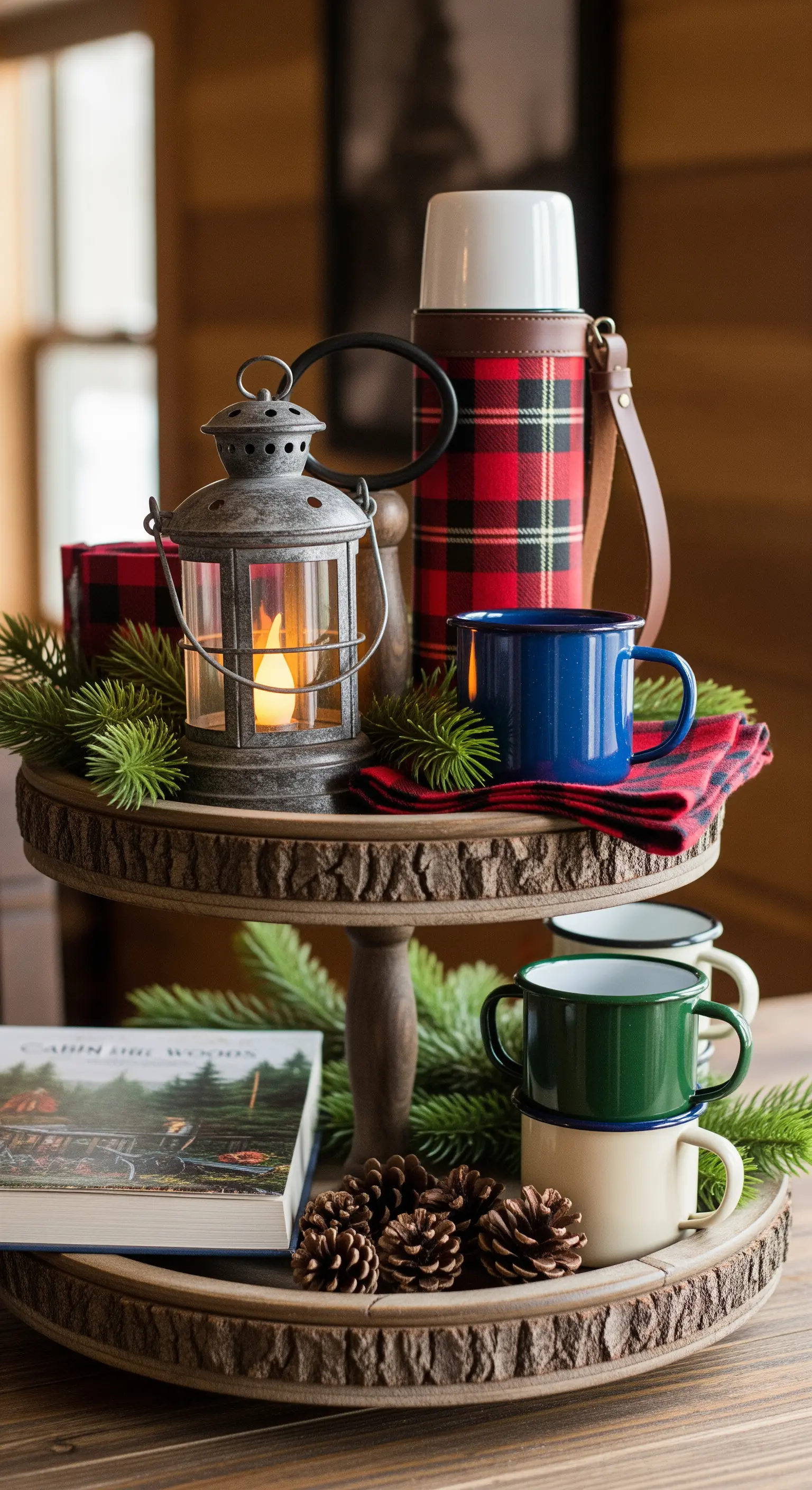 Holzetagere mit Emaille-Tassen, Laterne, Tannenzweigen und Flanell-Thermoskanne