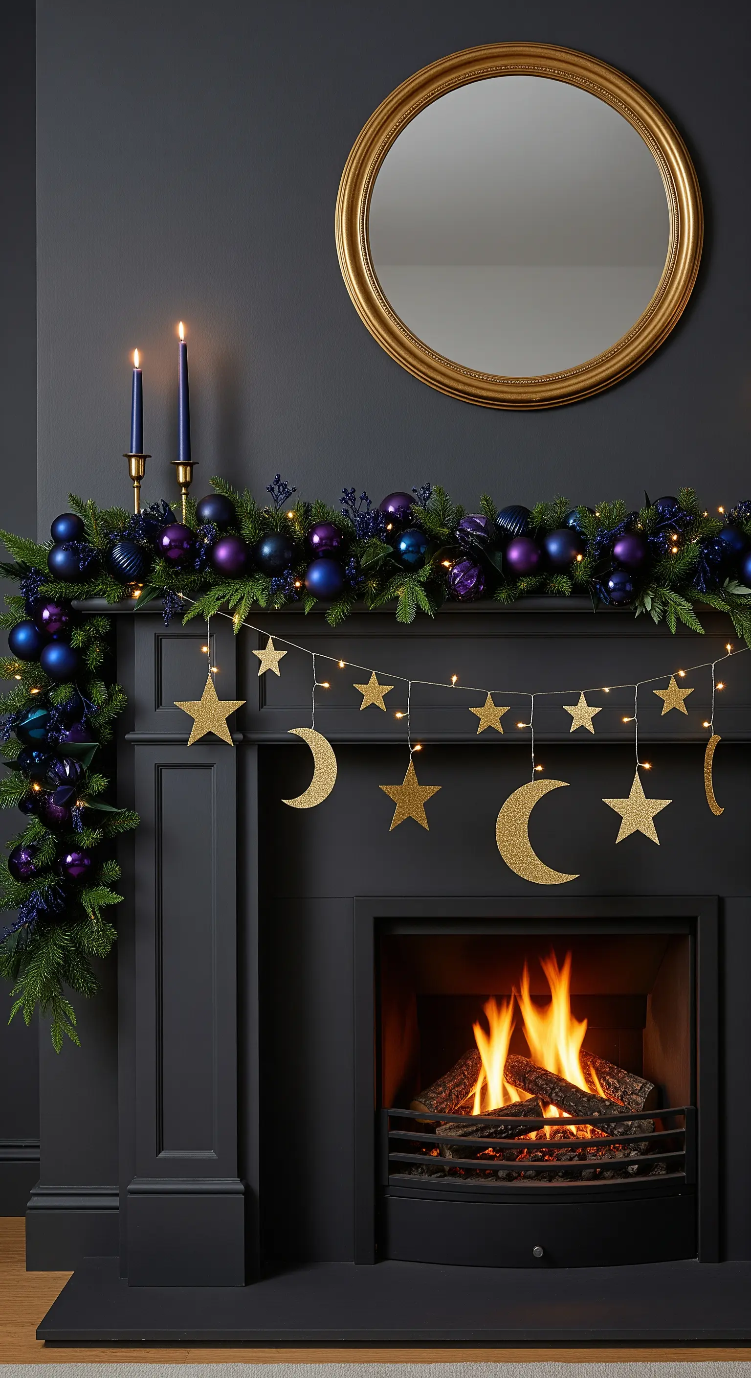 Schwarzer Kamin mit Girlande in Lila/Blau und hängenden goldenen Sternen und Monden.