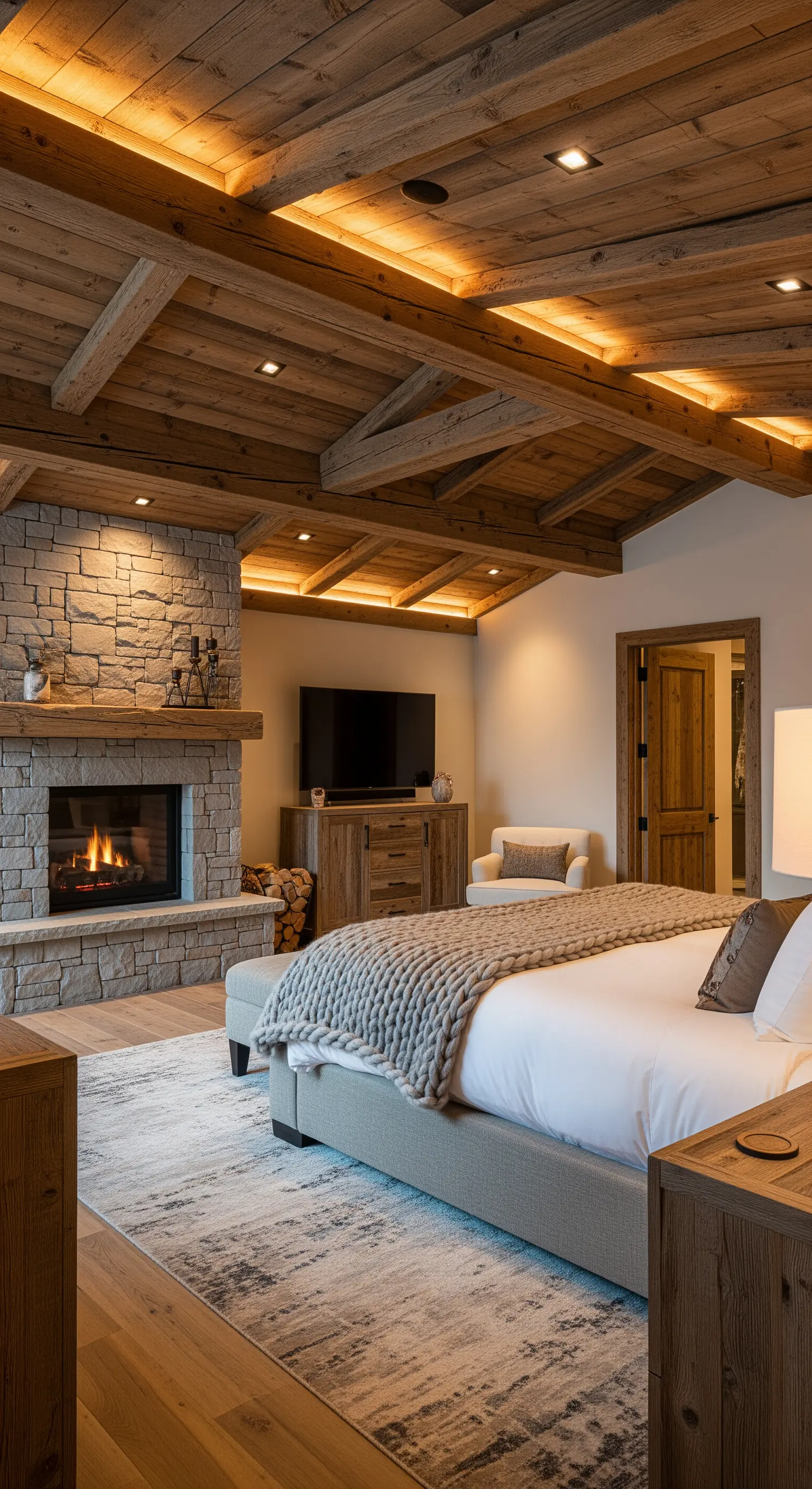 Rustikales Schlafzimmer Holzbalken LED