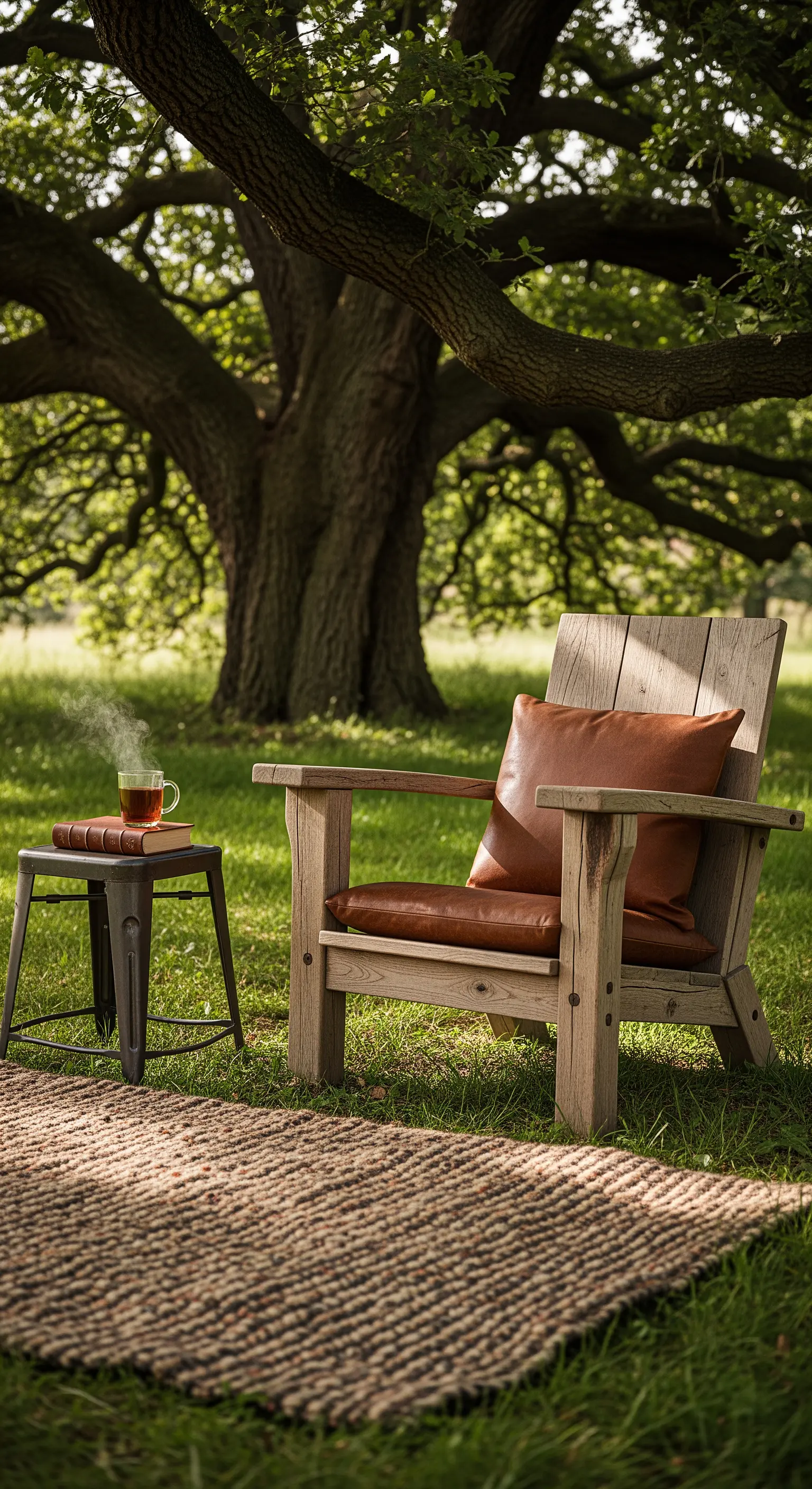 Massiver Holzsessel unter großem Baum