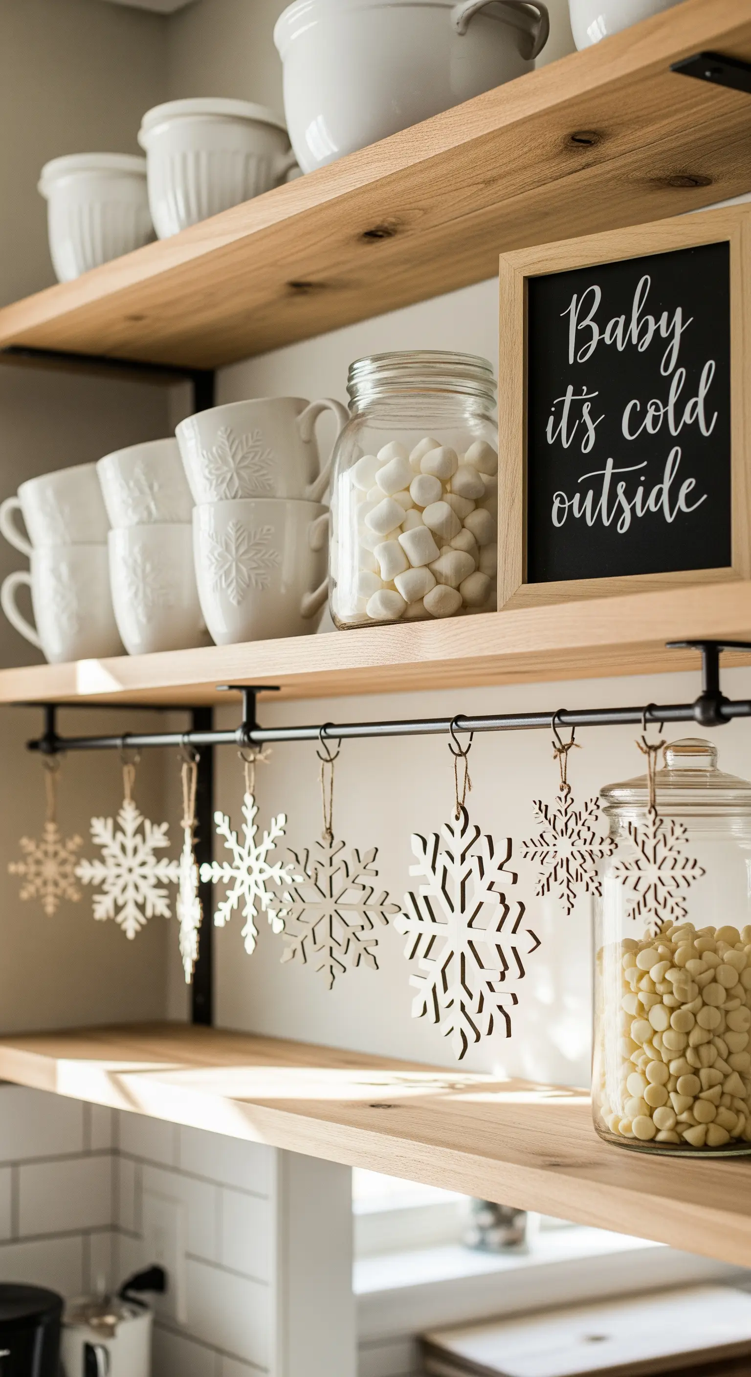 Küchenregal mit hängenden Holzschneeflocken und Tassen