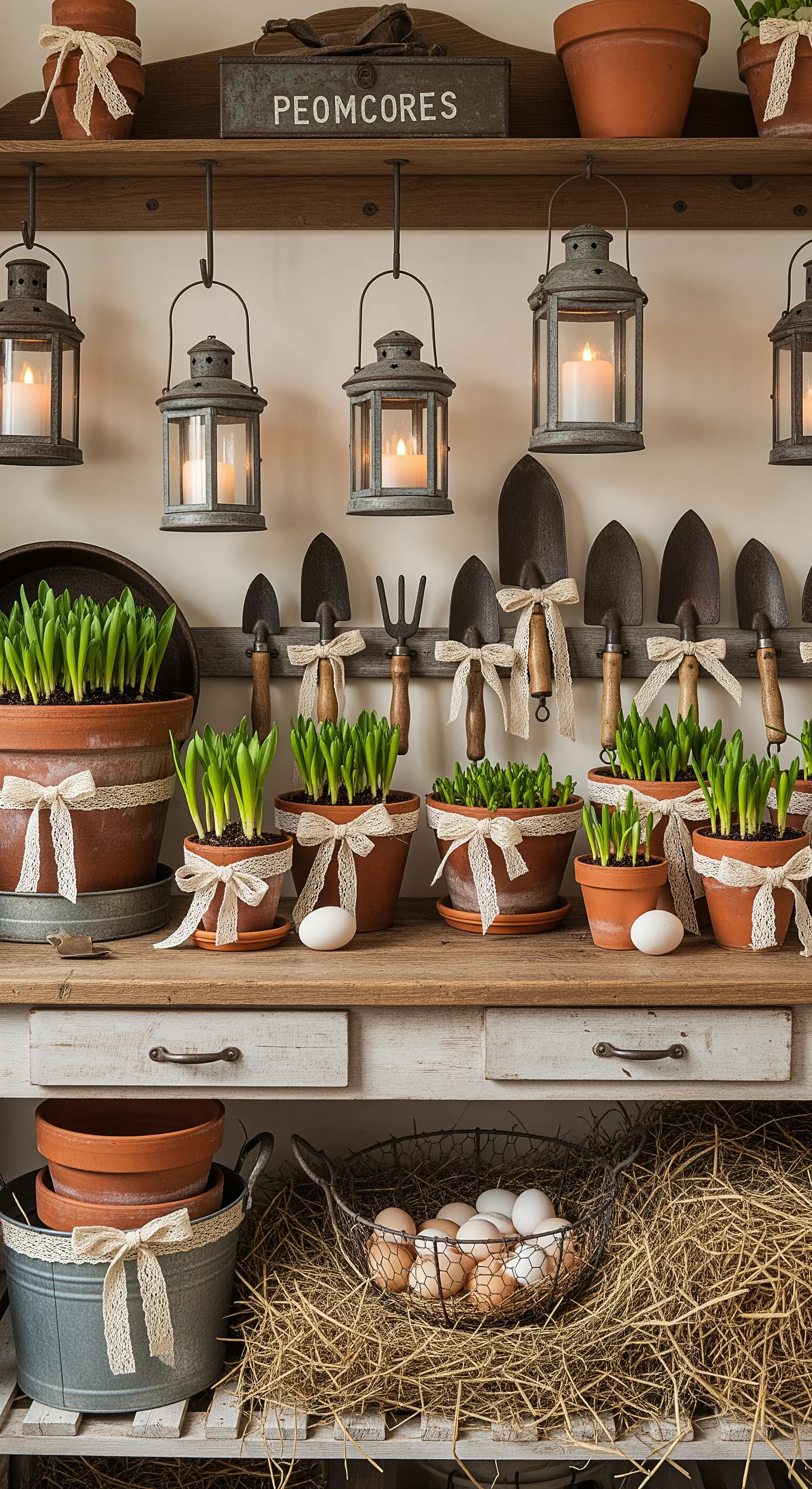 Gartenregal mit Werkzeugen, Tontöpfen und hängenden Laternen