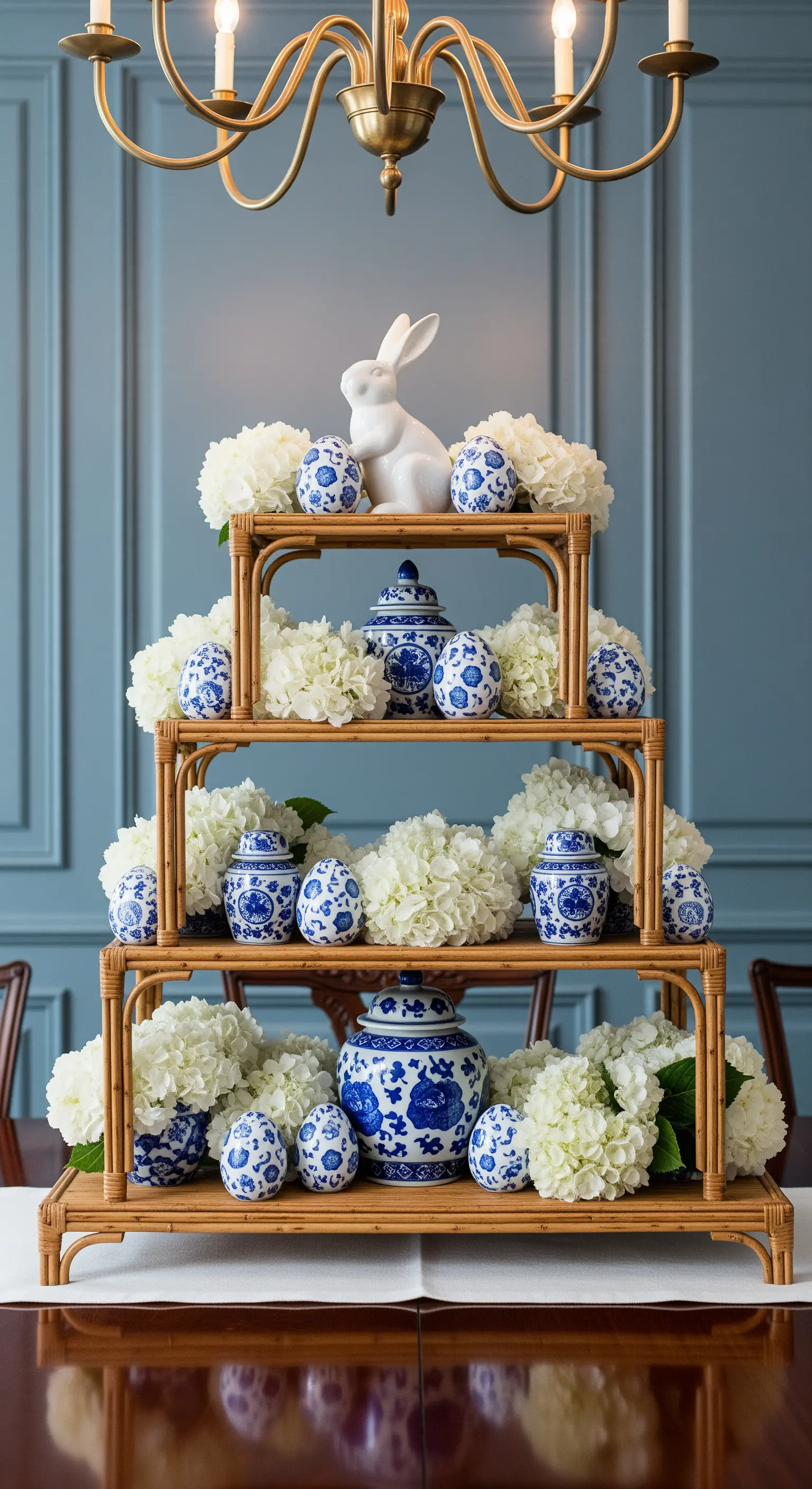 Rattan-Etagere mit blau-weißem Porzellan und Hortensien