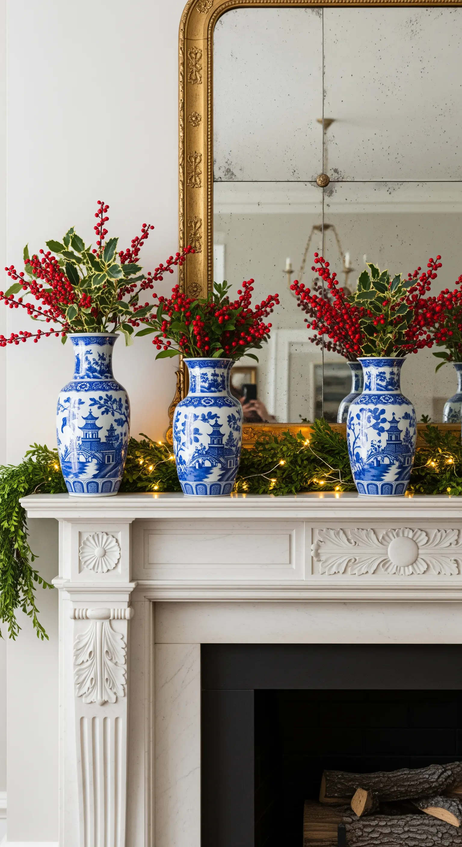 Kamin mit blau-weißen Vasen und roten Ilex-Zweigen