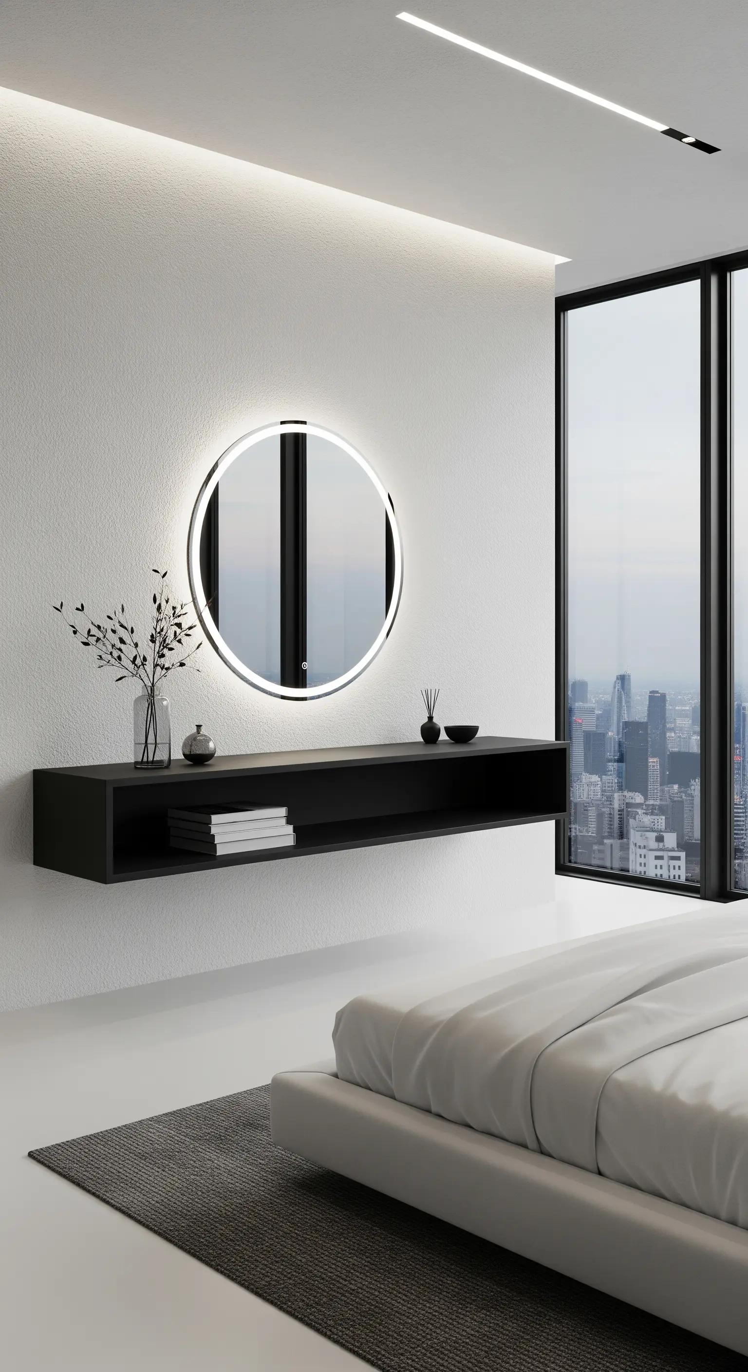 Schwarzer schwebender Schminktisch vor Panoramafenster