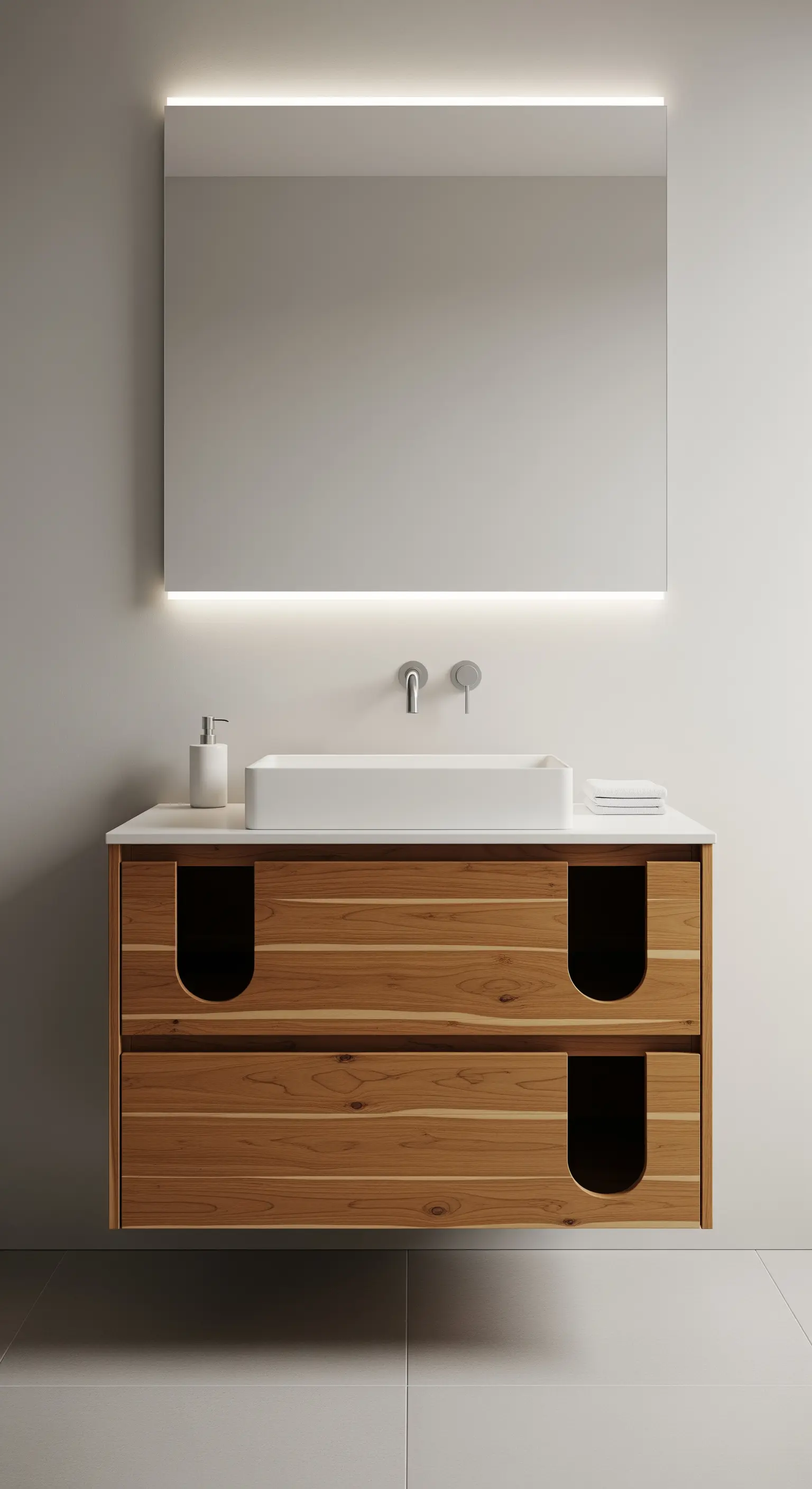 Hölzerner Waschbeckenunterschrank mit Griffaussparungen