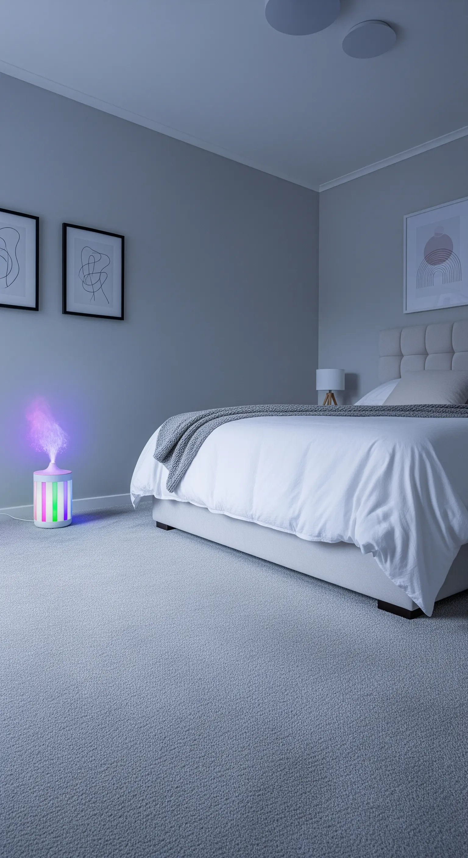 Graues Zimmer mit leuchtendem Farbnebel-Luftbefeuchter