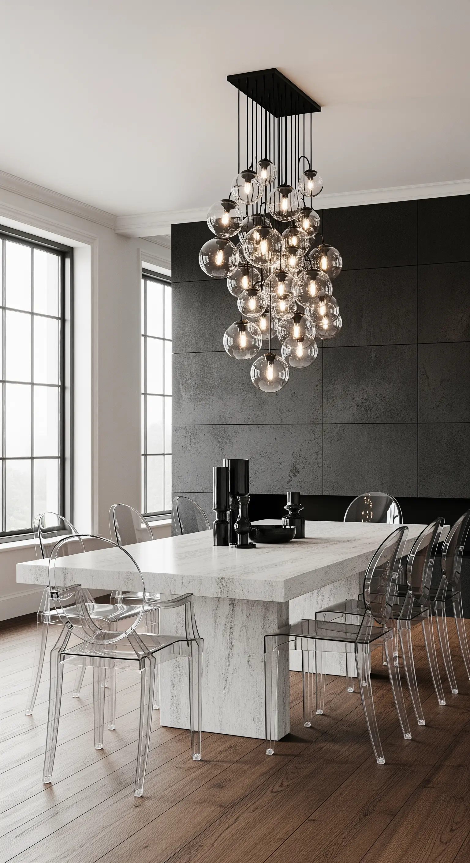 Esstisch mit Cluster-Leuchte aus vielen Glaskugeln