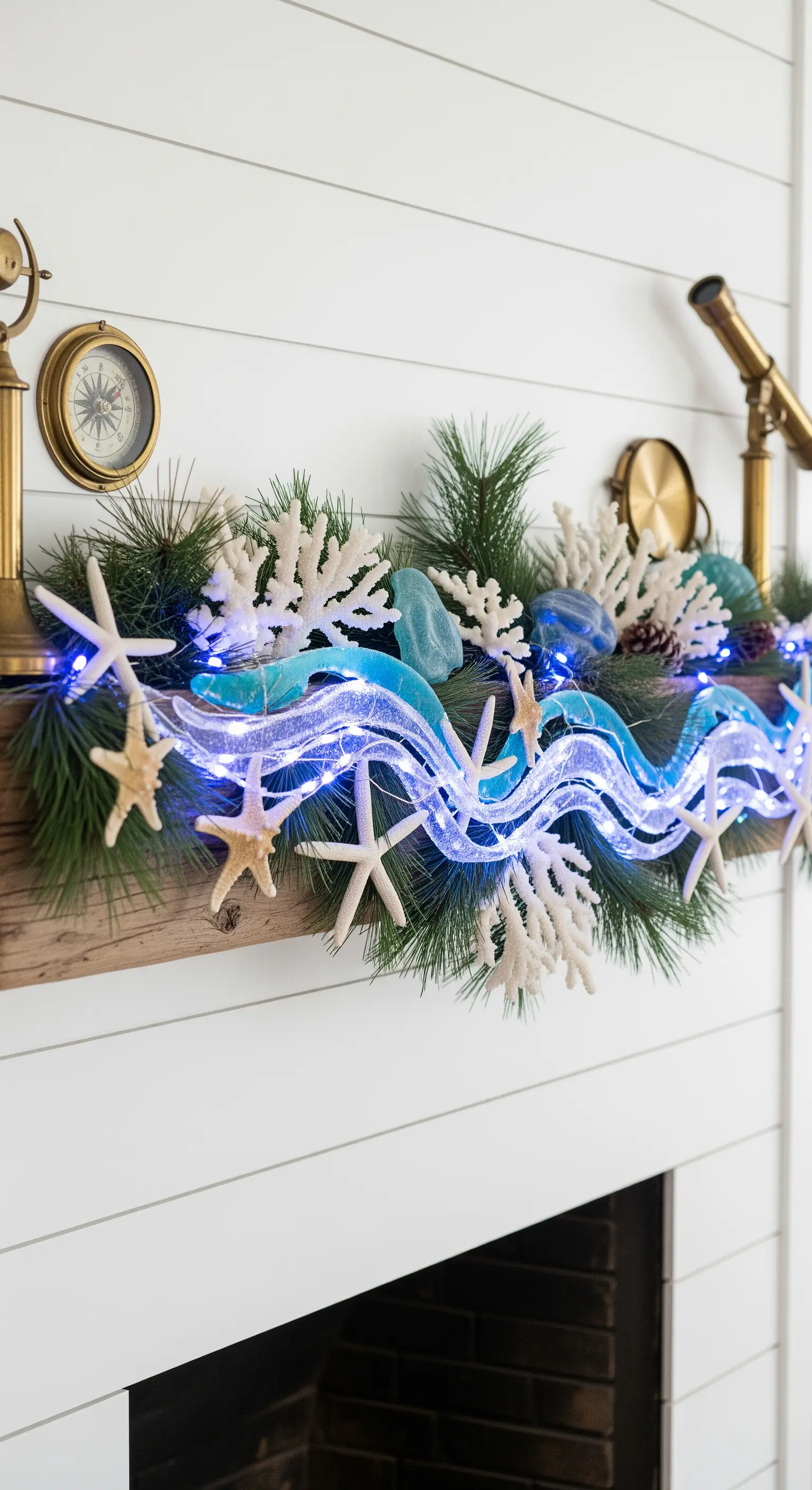 Kamin mit Seesternen, blauen Lichtern und Messing-Teleskop