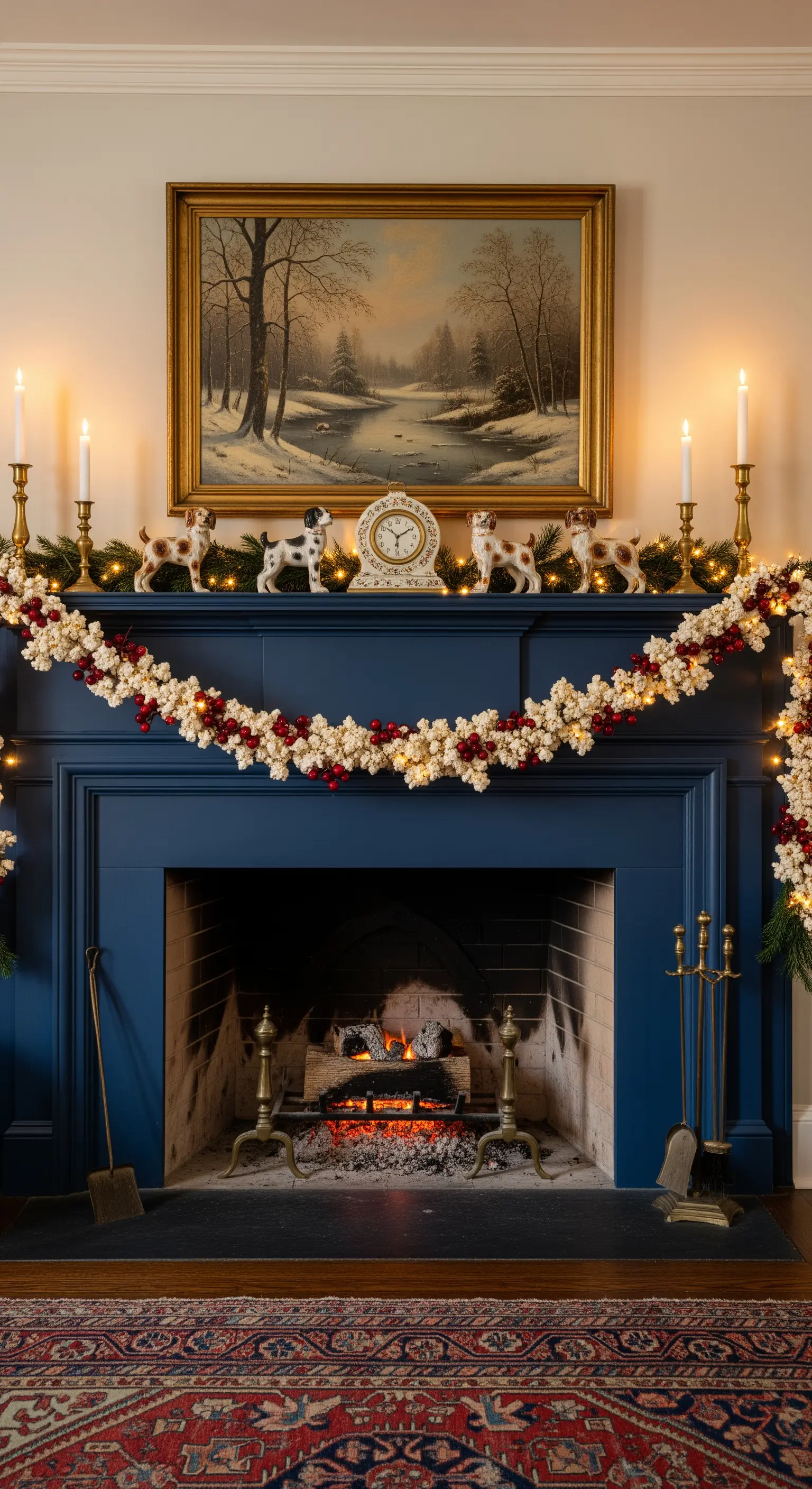Blauer Kamin mit Popcorn-Girlande und Porzellanhunden
