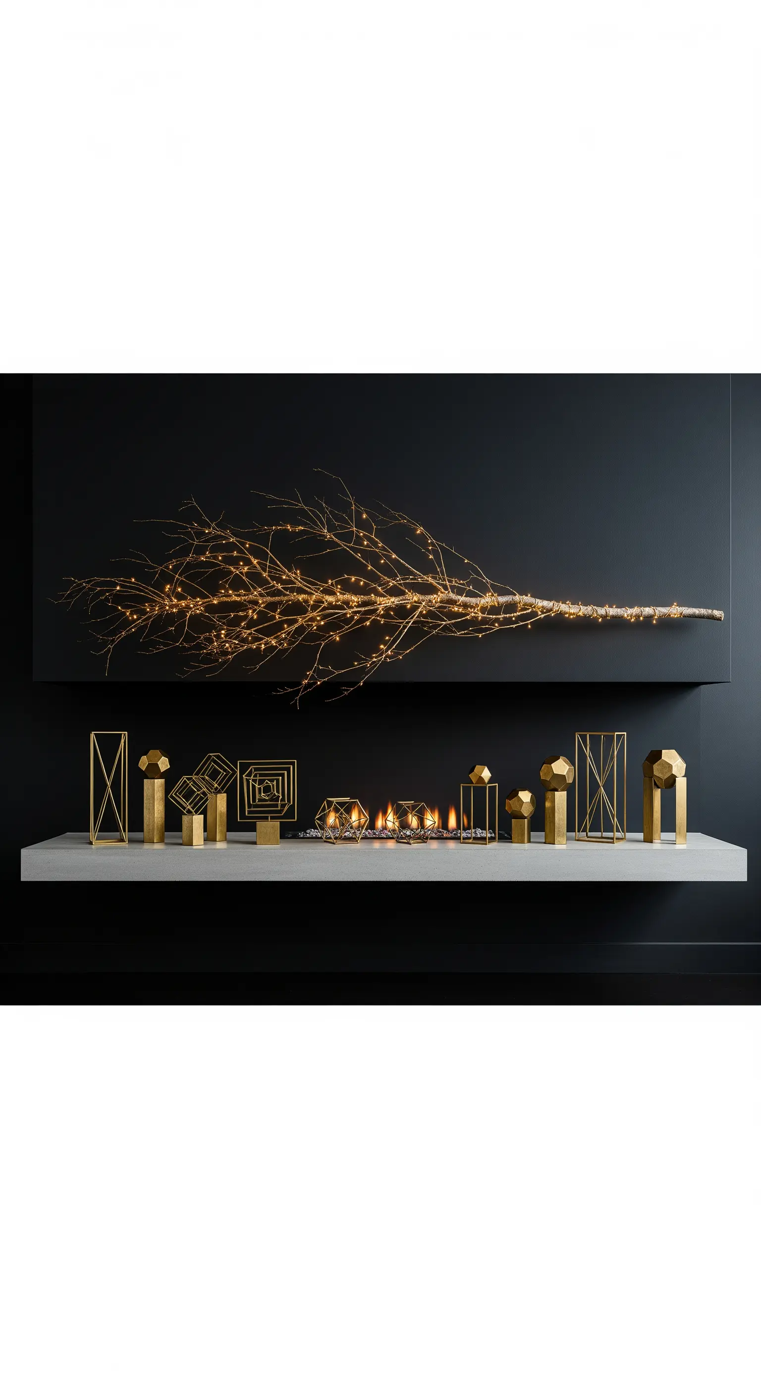 Schwarze Wand mit leuchtendem Ast und geometrischer Golddeko