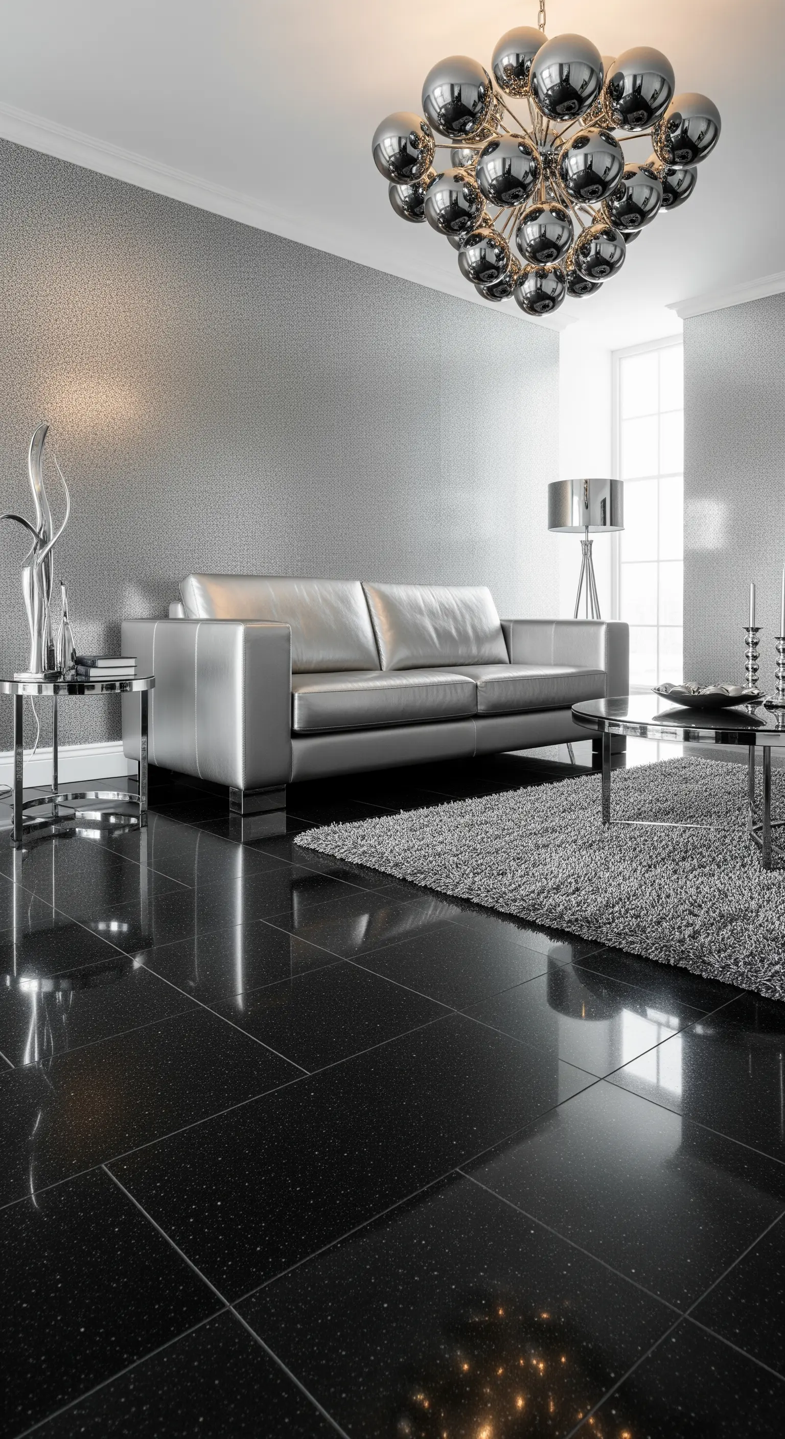 Silbernes Ledersofa auf schwarzem Glanzboden