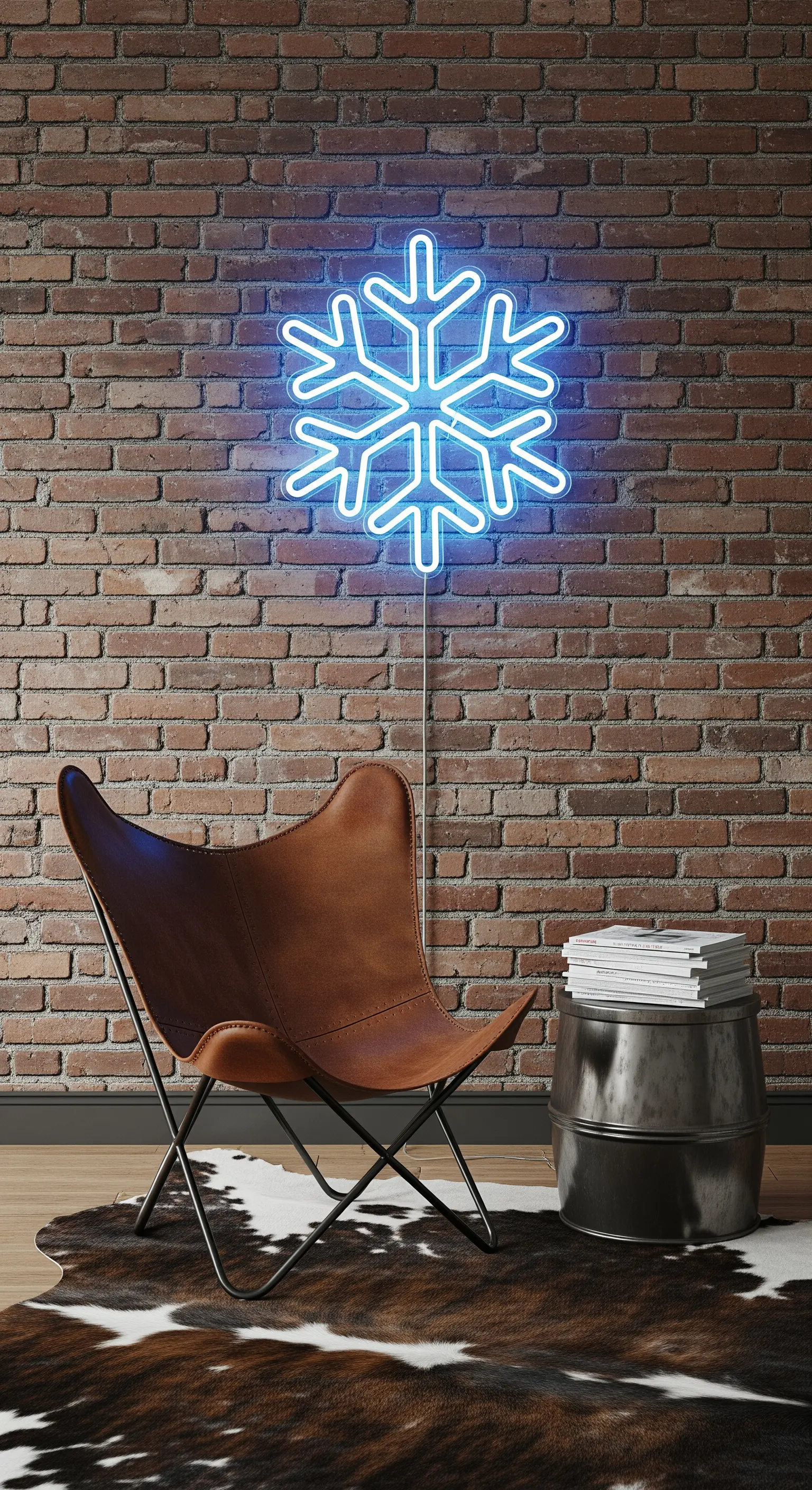 Lederstuhl vor Ziegelwand mit leuchtender blauer Neon-Schneeflocke