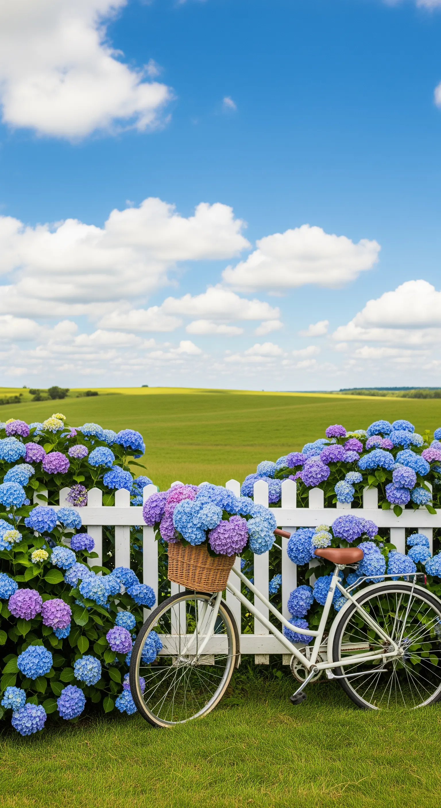 Weißes Fahrrad vor Lattenzaun mit blauen Hortensien