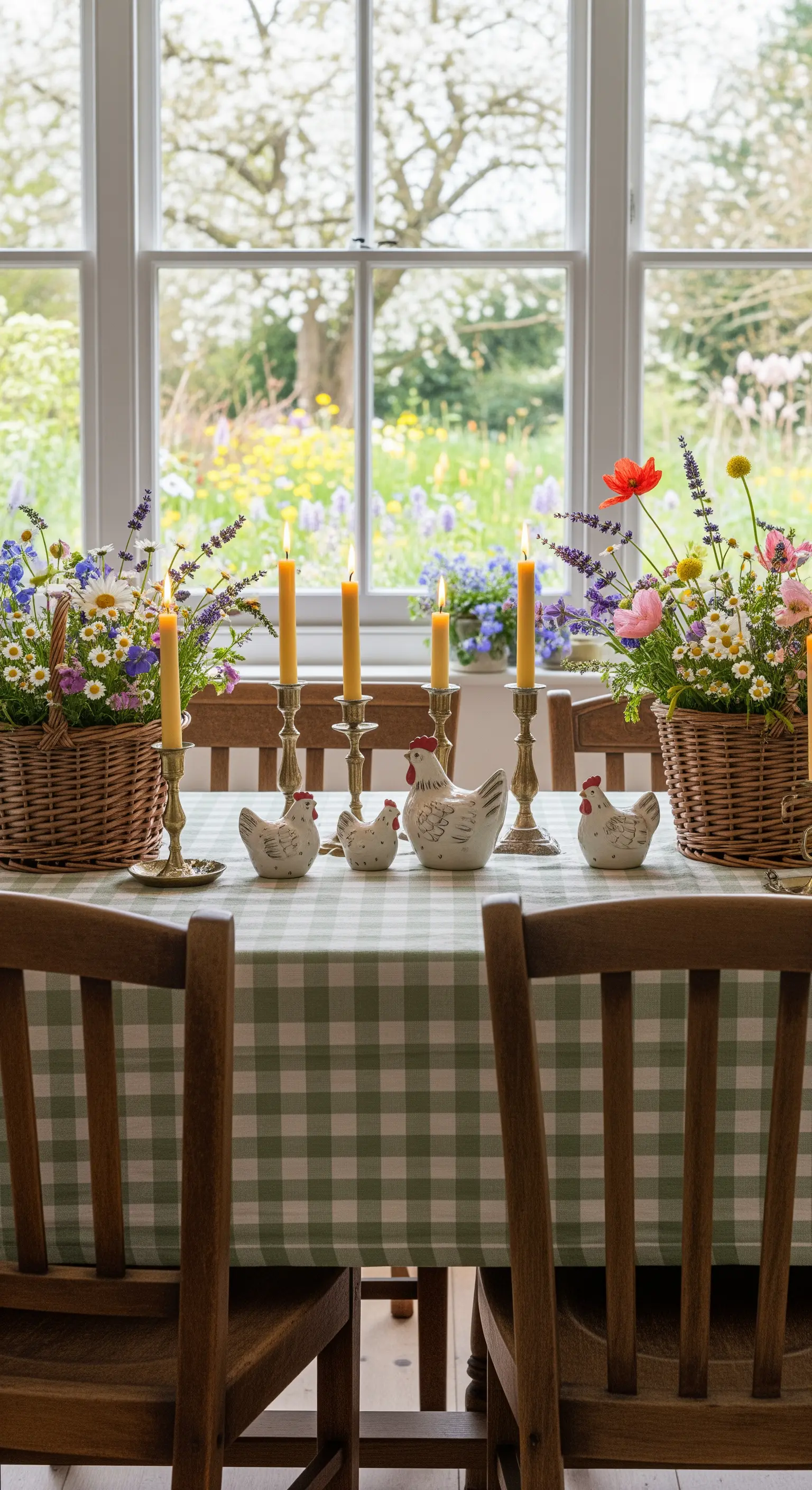 Landhaustisch mit grün-karierter Decke, Weidenkörben voller Wiesenblumen und Keramikhühnern
