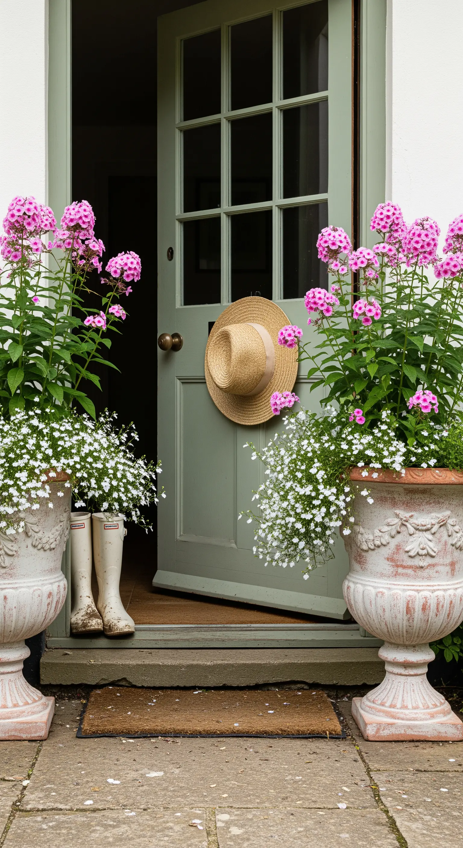 Grüne Tür mit Blumenkübeln und Hut
