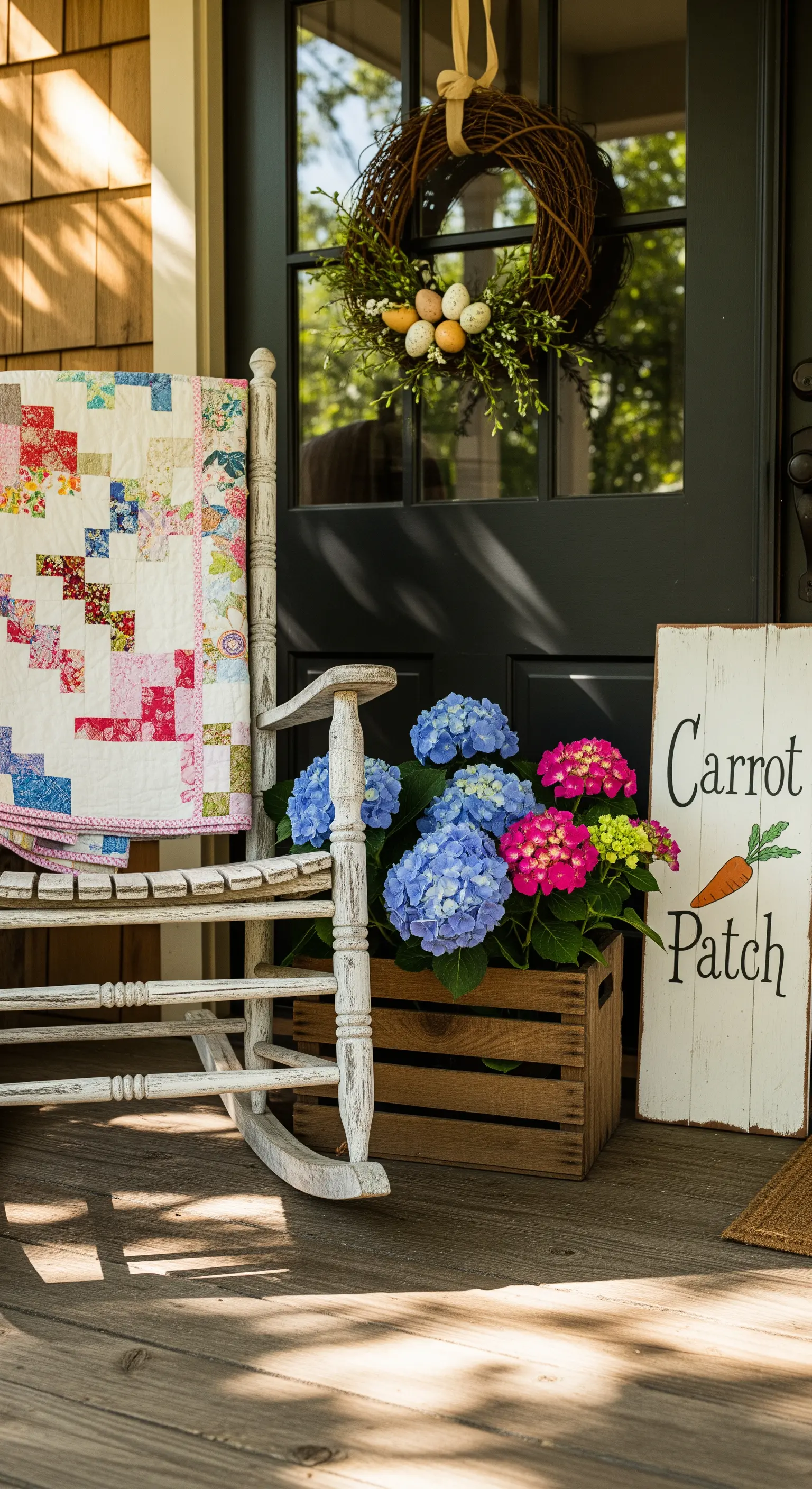 Schaukelstuhl mit Quilt und Holzkiste vor Haustür