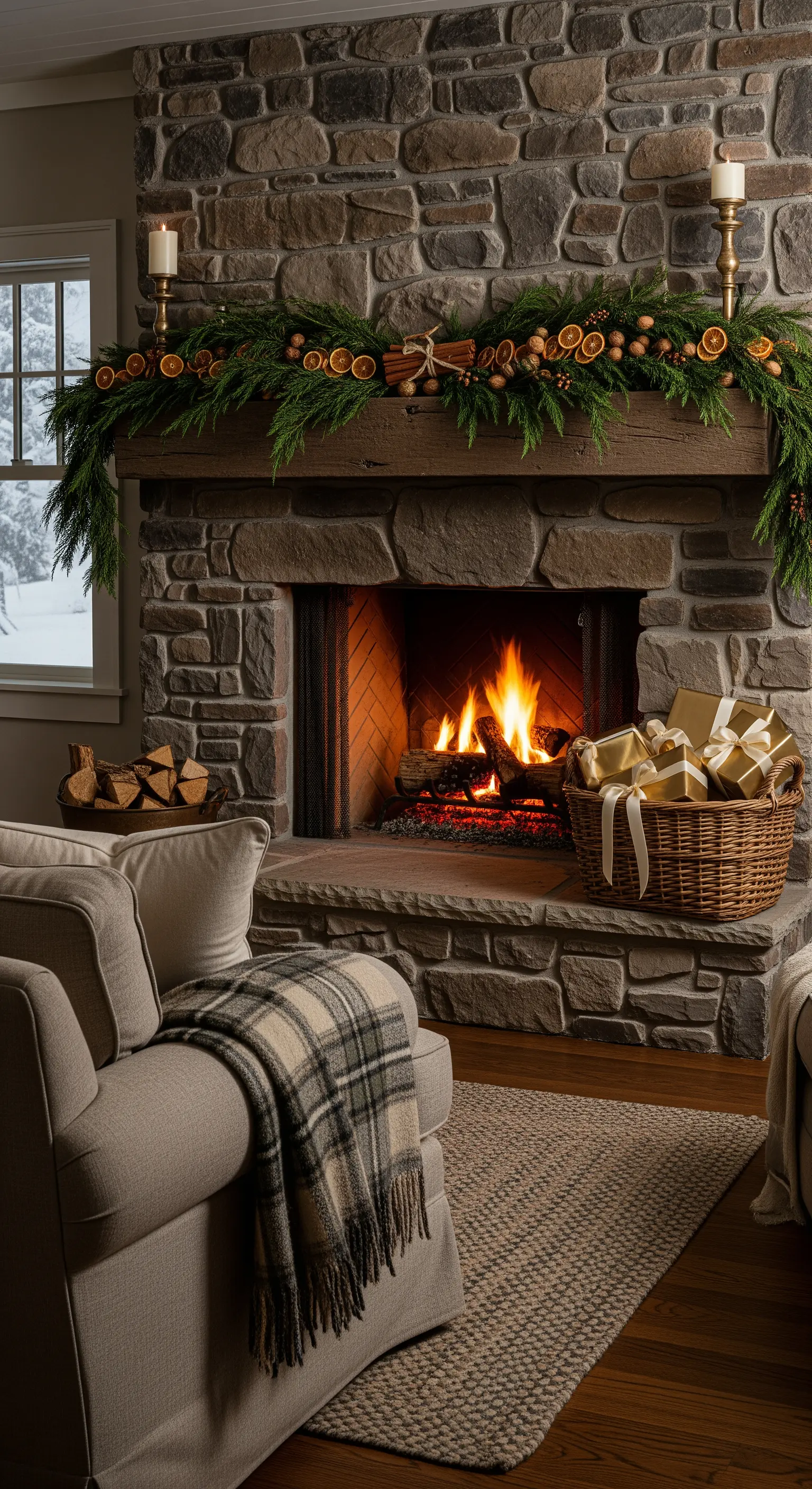 Steinkamin mit Weidenkorb voll goldener Geschenke und gemütlichem Sessel mit Karodecke.