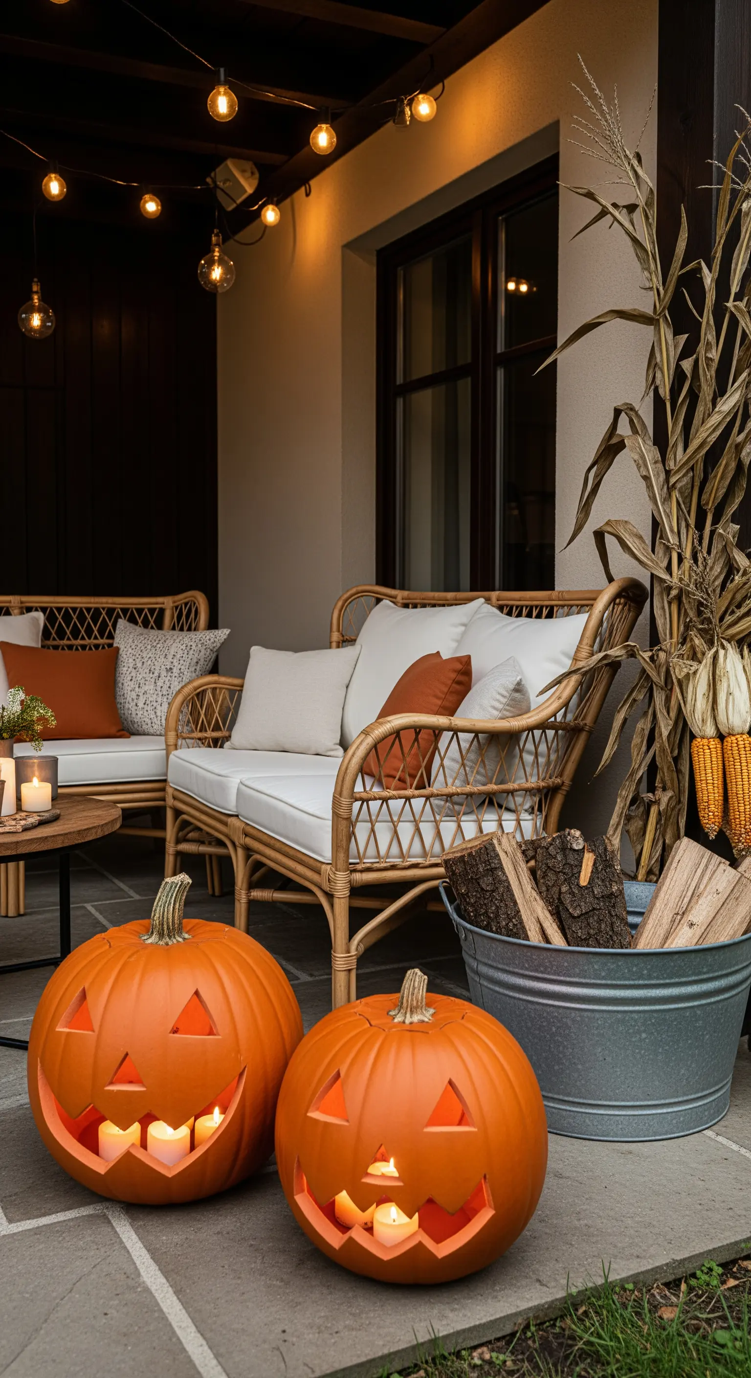 Terrasse mit Rattanmöbeln, Kissen und geschnitzten Kürbissen
