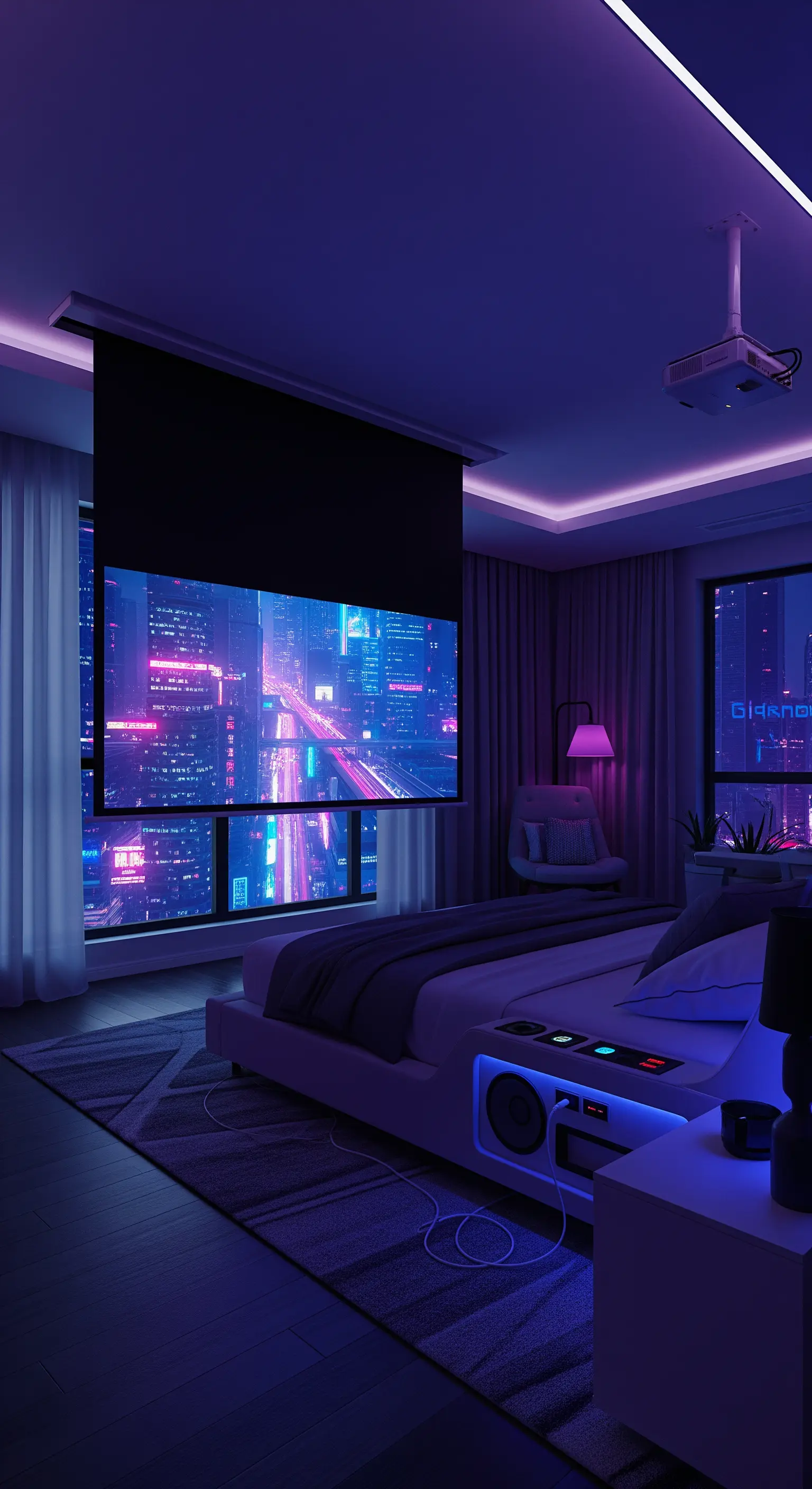 High-Tech Schlafzimmer mit Beamer-Leinwand und violetter LED-Beleuchtung