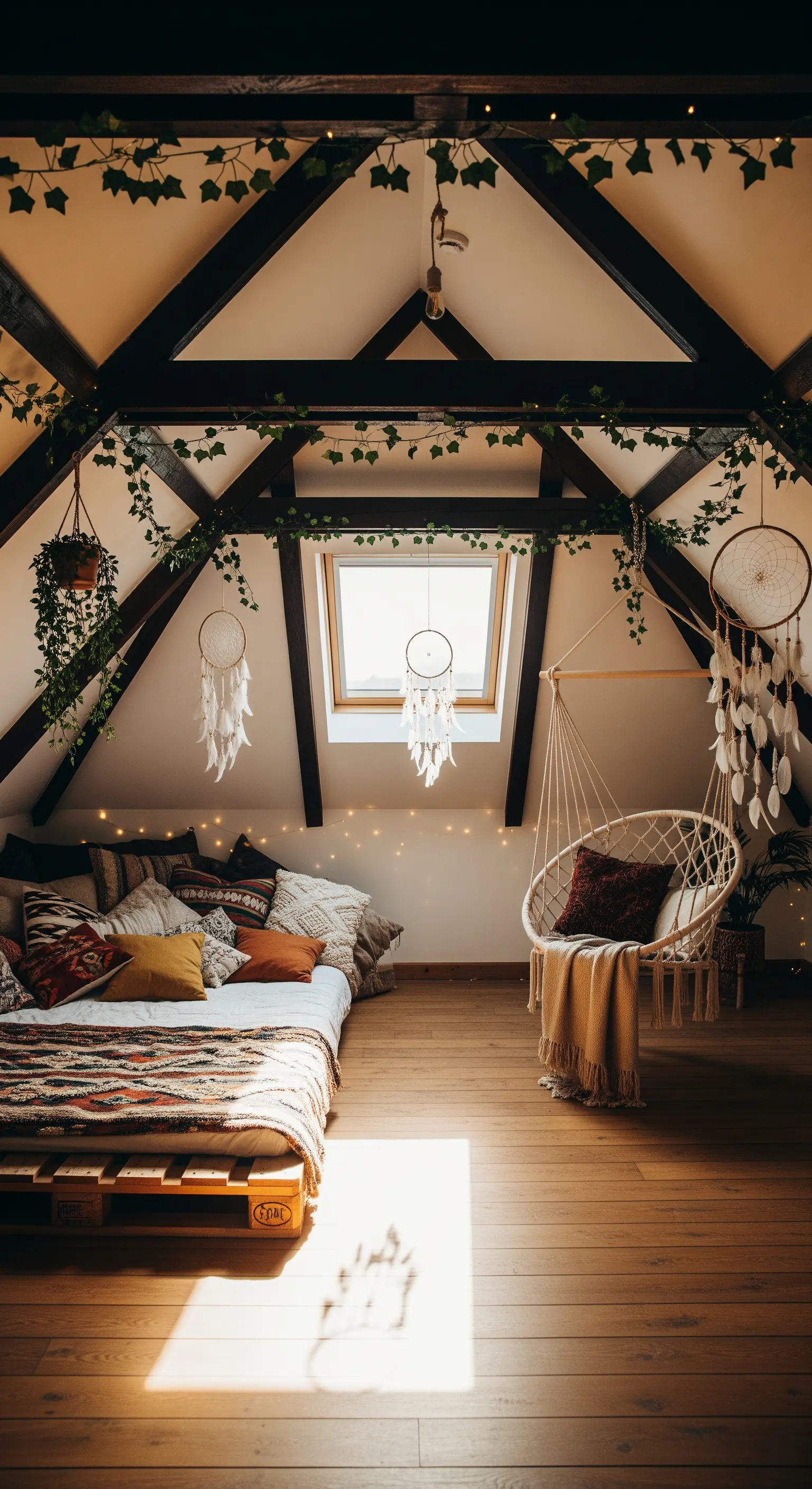 Hängesessel und Palettenbett im Dachgeschoss mit Holzbalken