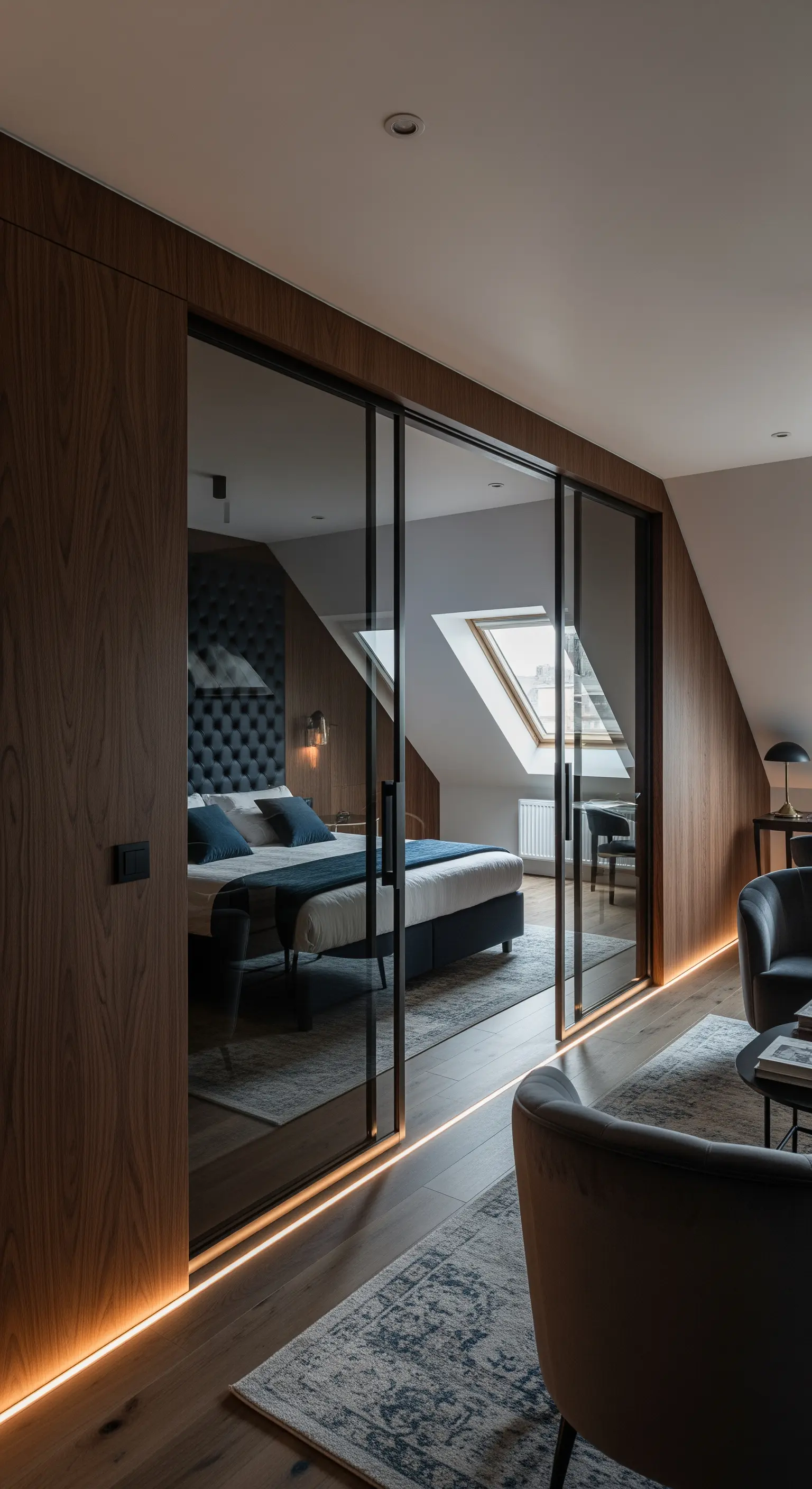 Dachgeschoss-Schlafzimmer mit dunklen Holz-Glas-Schiebetüren