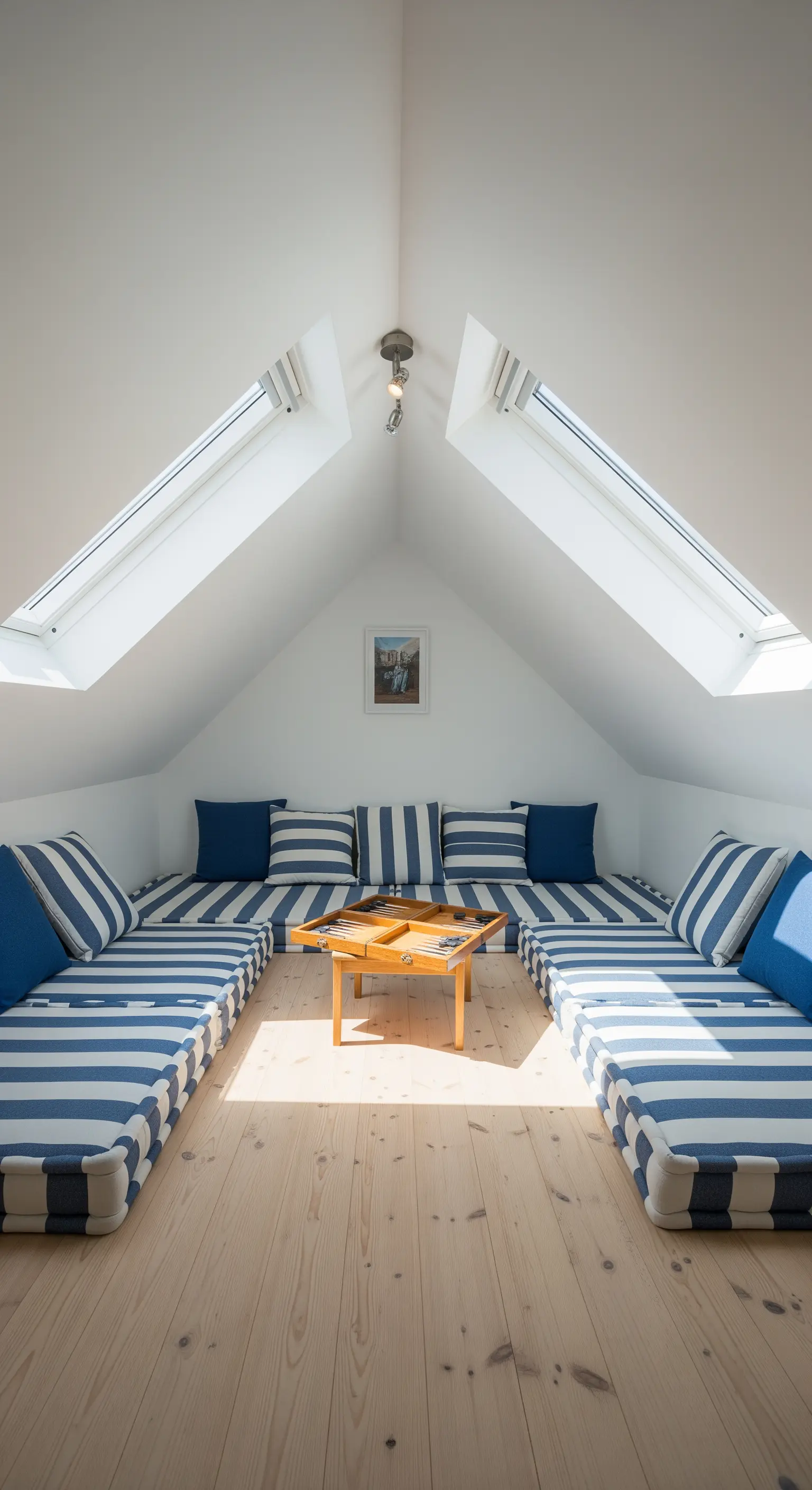 Dachboden-Lounge mit blau-weiß gestreiften Bodenkissen