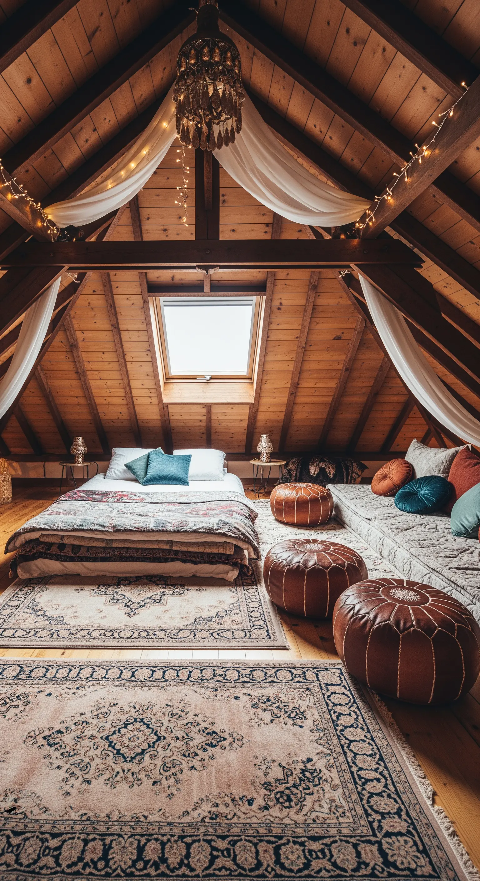 Dachgeschoss Schlafzimmer mit Holzbalken und Stoffhimmel