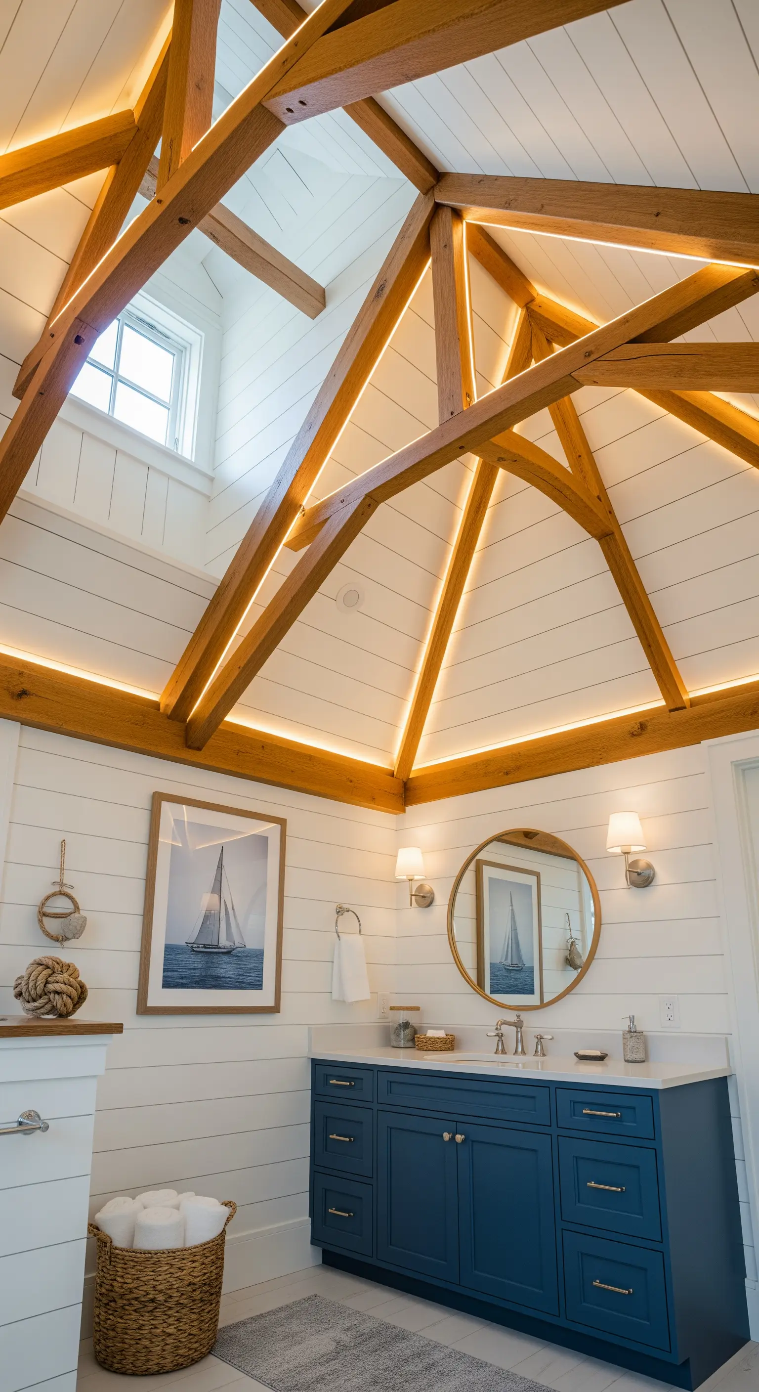 Weißes Dachgeschossbad mit beleuchteten Sparren und Holzkonstruktion