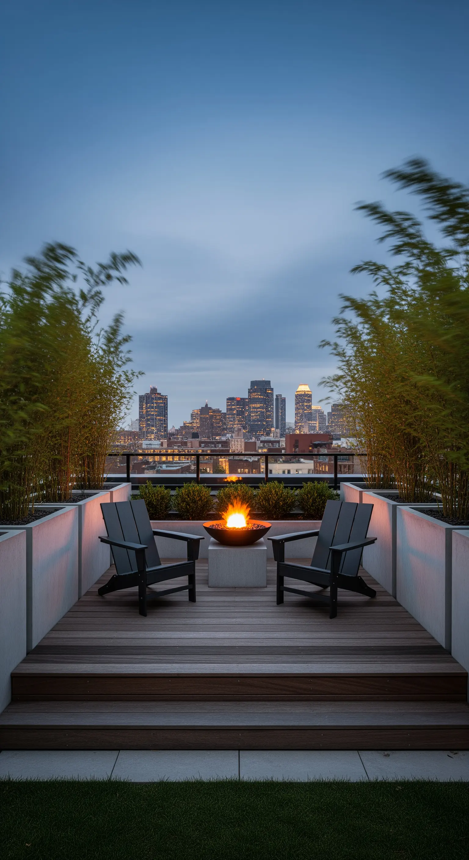 Dachterrasse mit Bambus, Feuerschale und Stadtblick