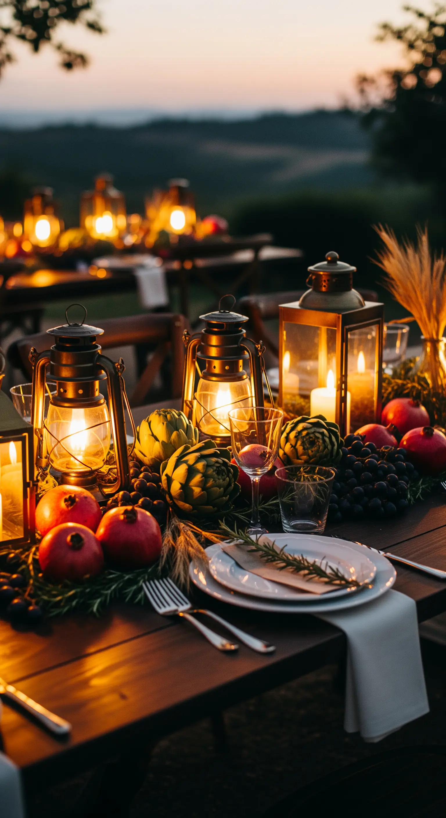 Holztisch bei Sonnenuntergang mit Laternen, Artischocken und Granatäpfeln