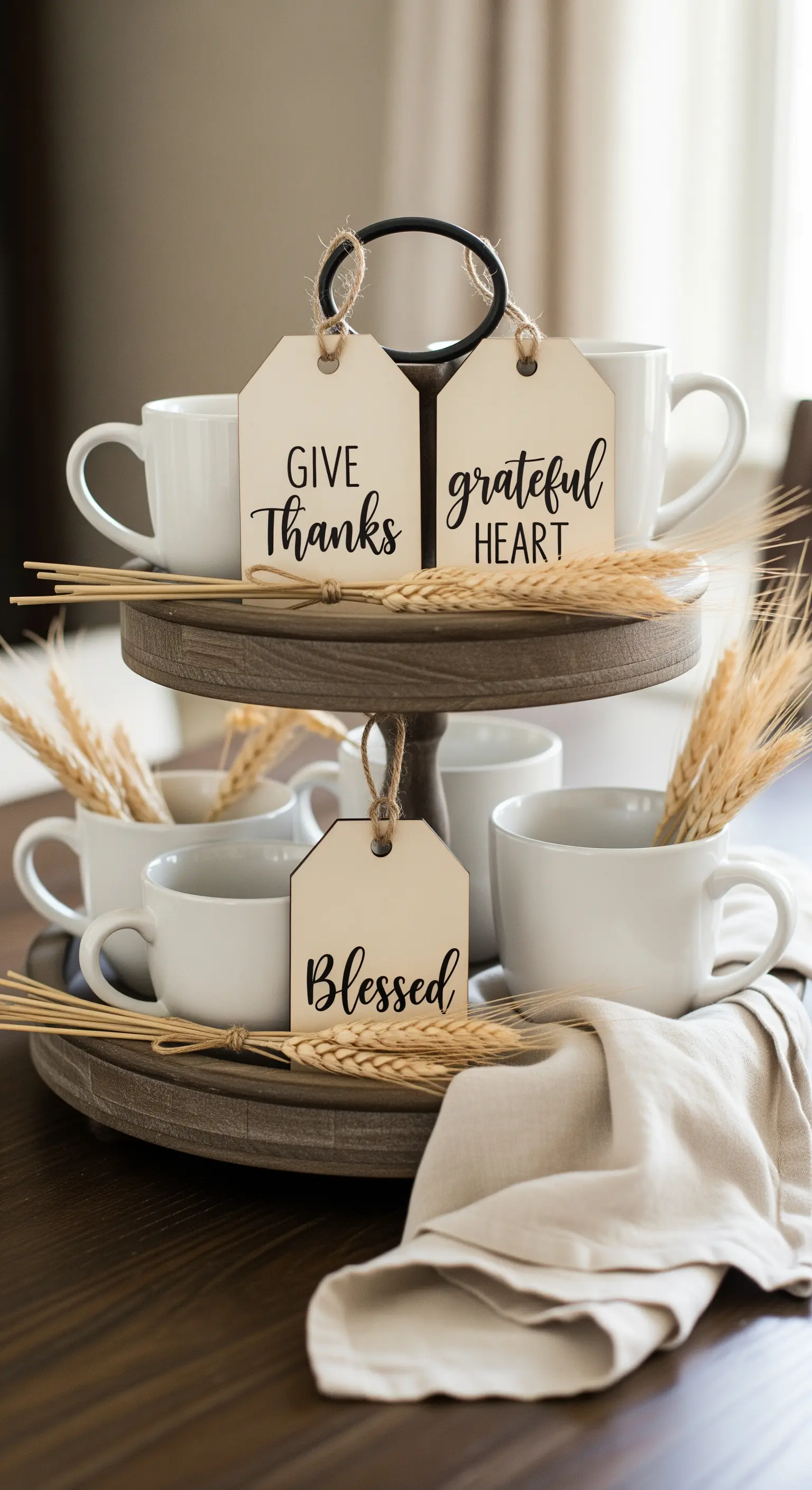 Holzetagere mit weißen Tassen, Weizenähren und Anhängern mit Dankes-Worten
